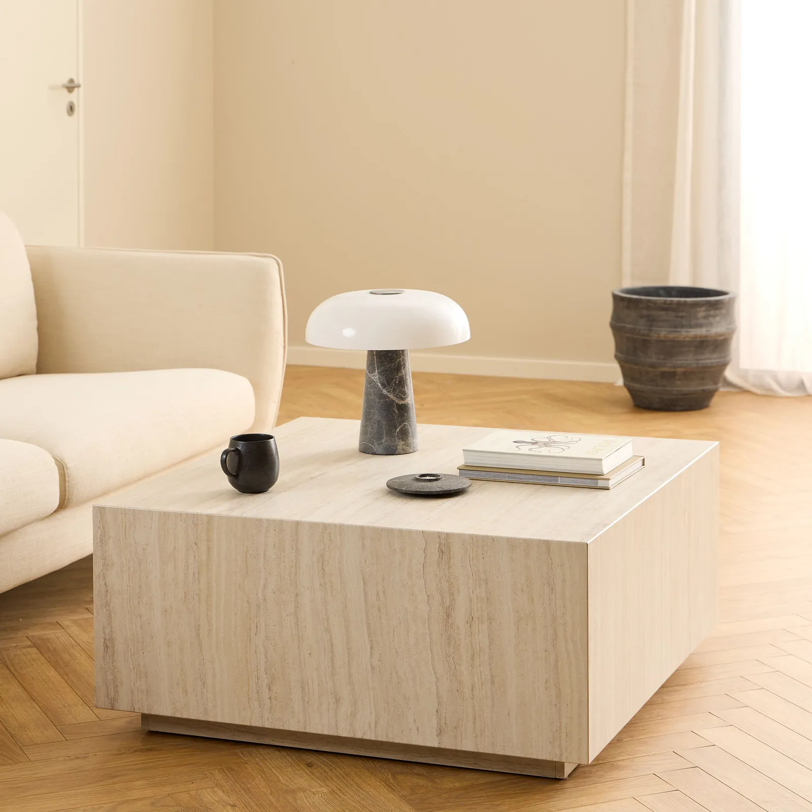 Furniture To Go Dice Square Coffee Table in Light Travertine Effect 90x90x42cm in Beige 3