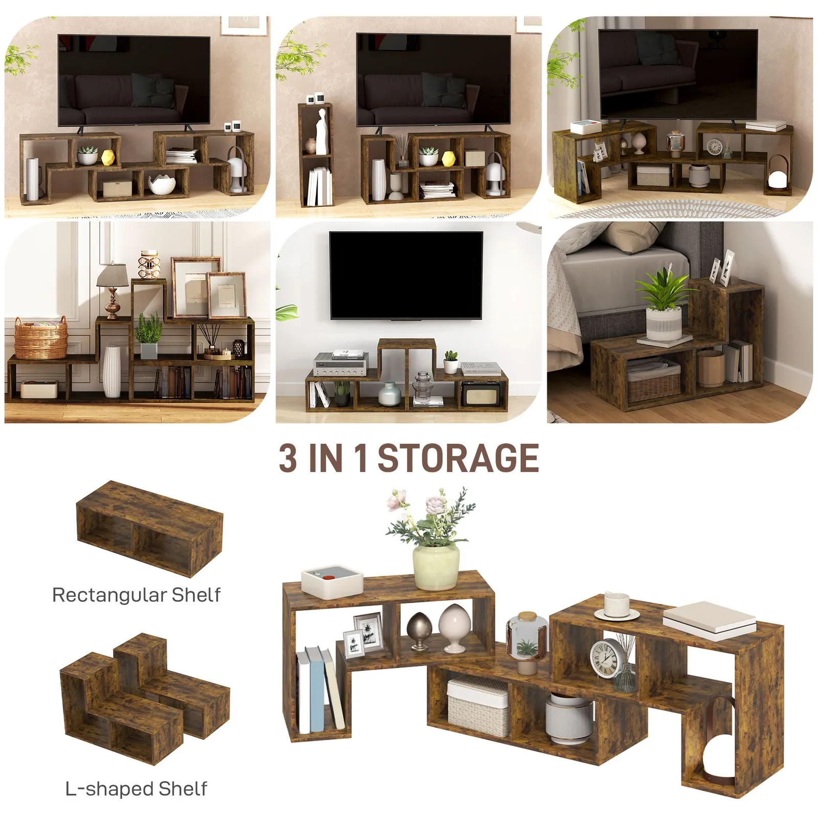 HOMCOM TV Unit for TVs up to 75 Inches, Free Combination TV Stand in Brown 5