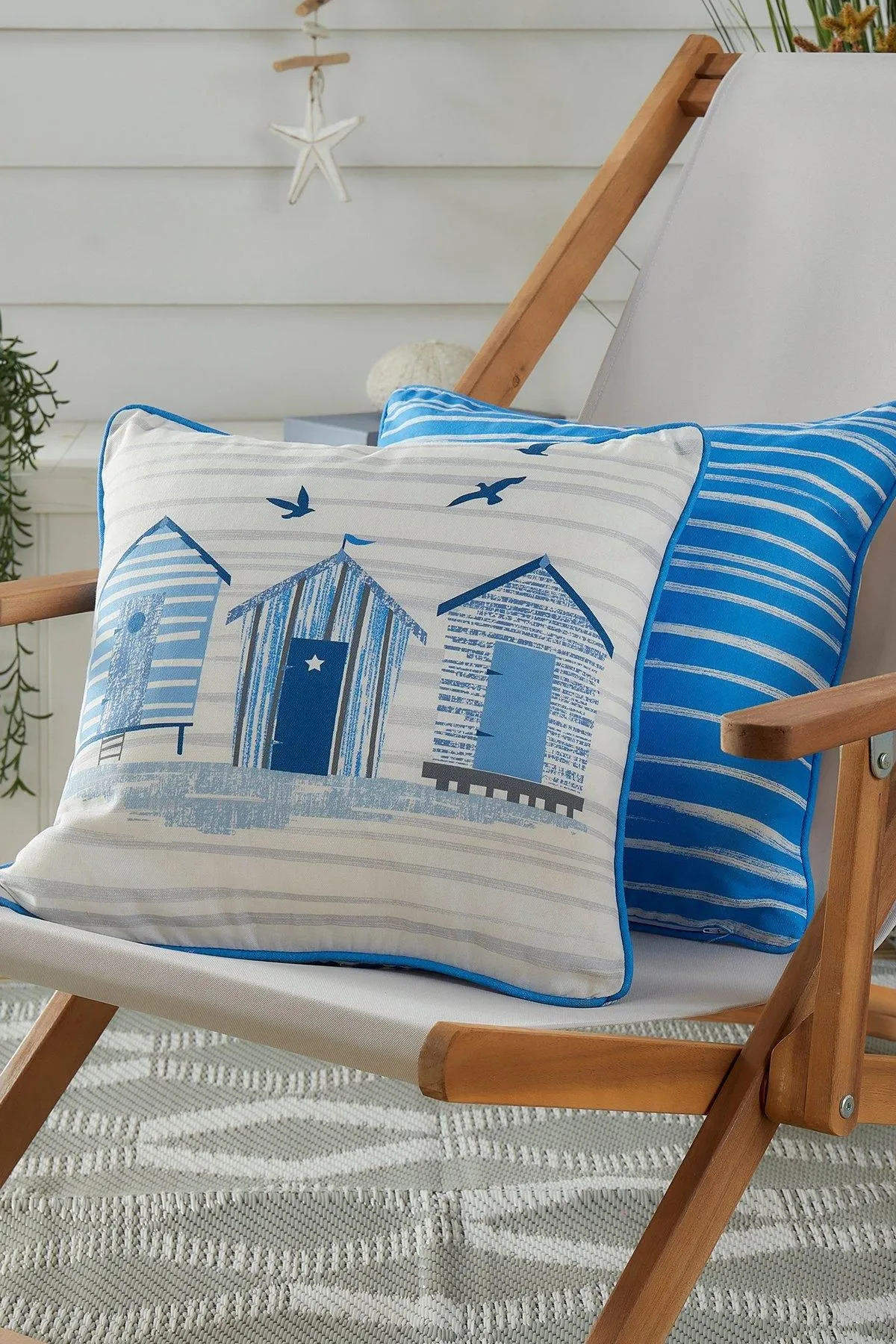 Fusion 'Beach Huts' Outdoor Water & UV Resistant Garden Filled Bench Cushion in Blue