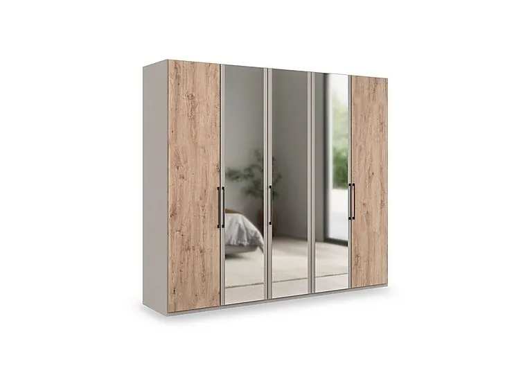 Tullio 250cm 5 Door Hinged Wardrobe with 3 Mirror Doors - Pebble Grey