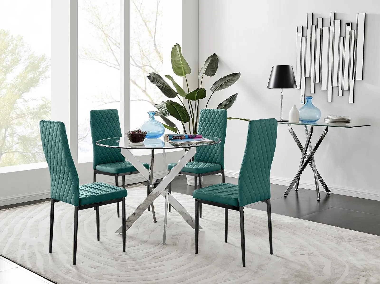 FurnitureboxUK Novara 100cm Round Dining Table & 4 Velvet Milan Black Leg Chairs in Green 1