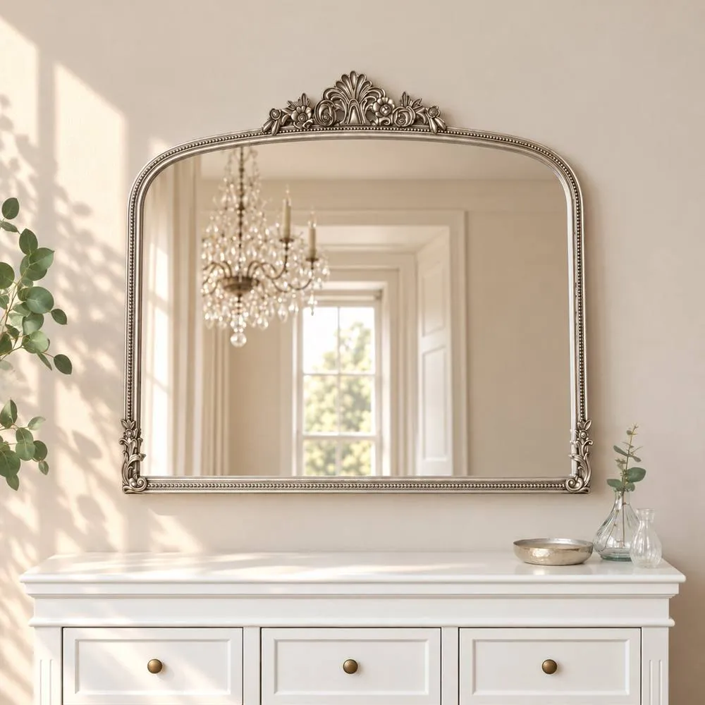 Melody Maison Antique Silver Ornate Arch Overmantle Mirror - 100cm X 88cm