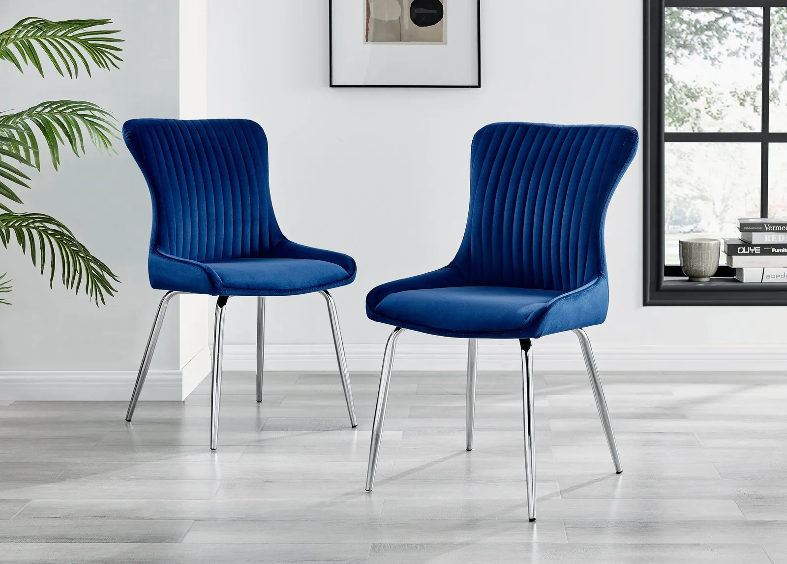 FurnitureboxUK Set of 2 Nora Deep Padded Luxurious Dining Chairs Upholstered In Soft Velvet With Chrome Legs in Blue