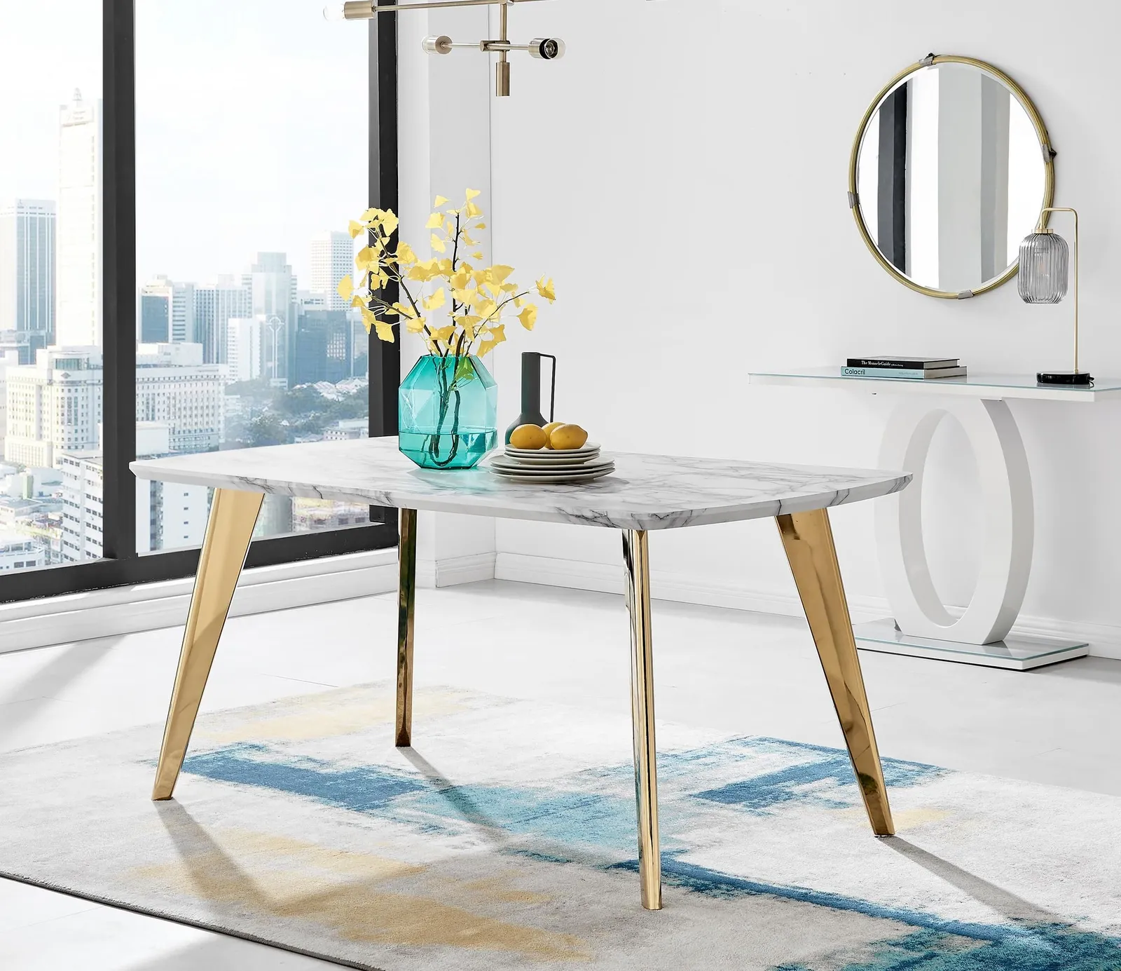 FurnitureboxUK Andria White Marble Effect Rectangular 6-Seater Dining Table in Gold 2