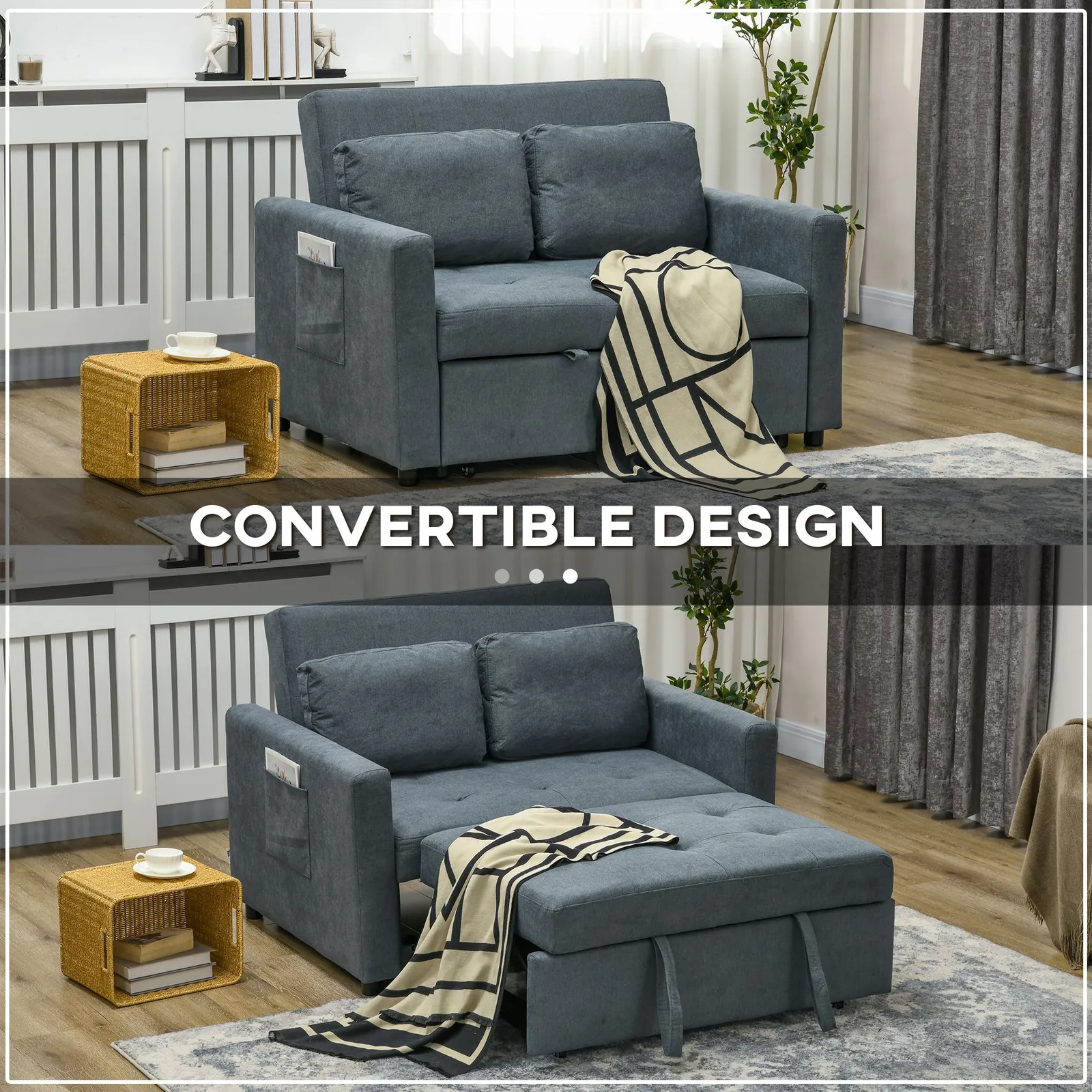 HOMCOM 2 Seater Sofa Bed Convertible Bed Settee with Cushions, Pockets in Grey 4