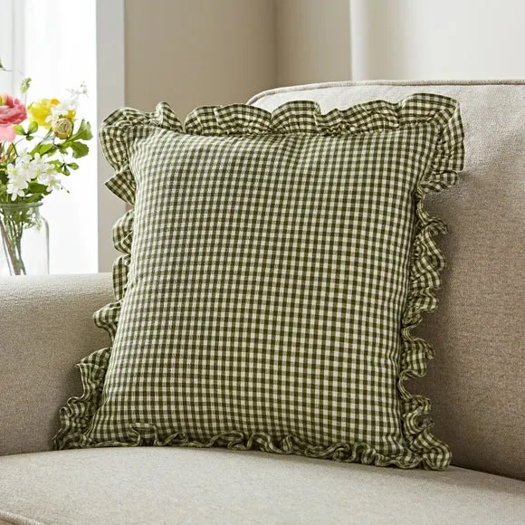 Gingham Frill Cotton Square Cushion Cover 1