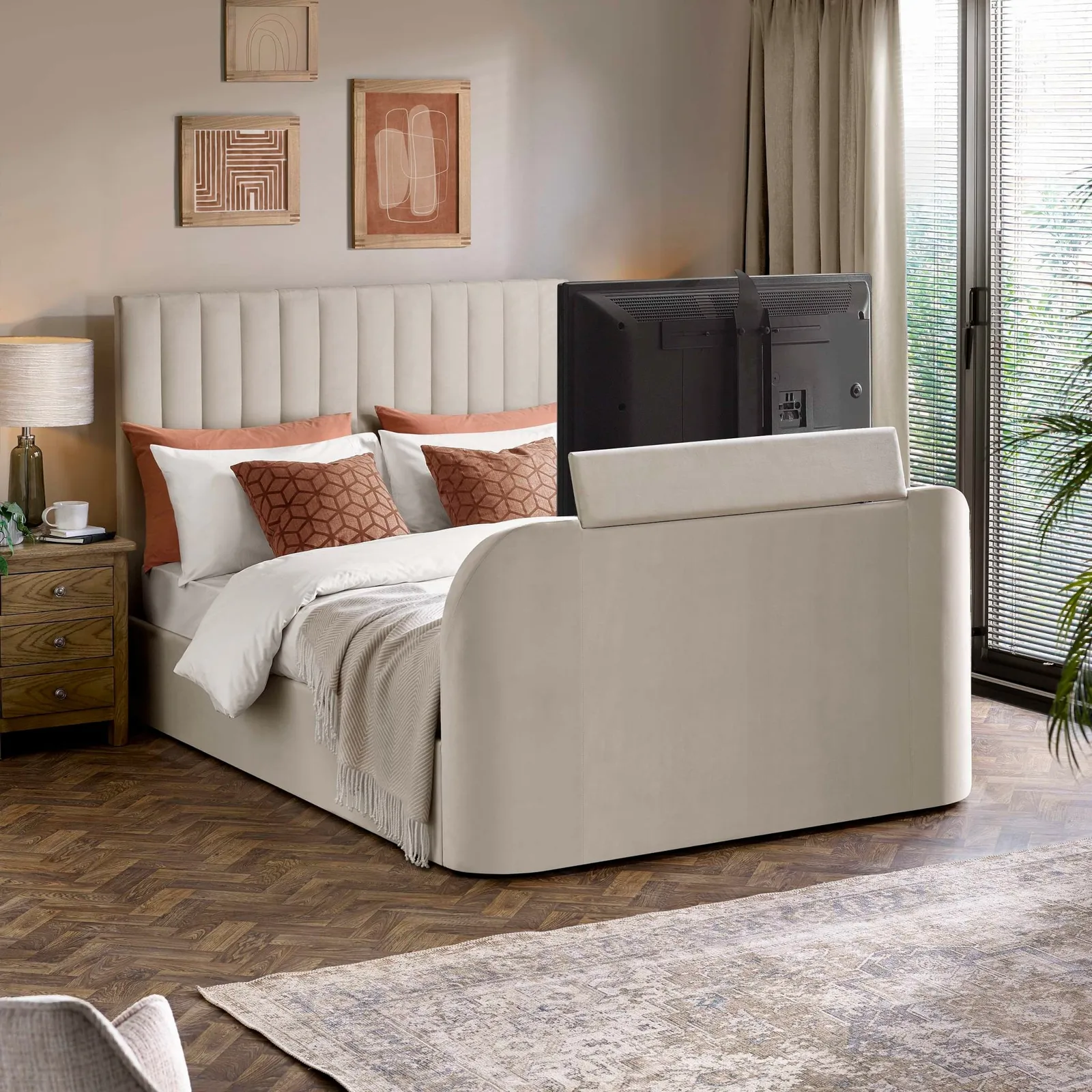 Alana - Double - Side-Lift Ottoman Storage TV Bed - Cream - Velvet - 4ft6
