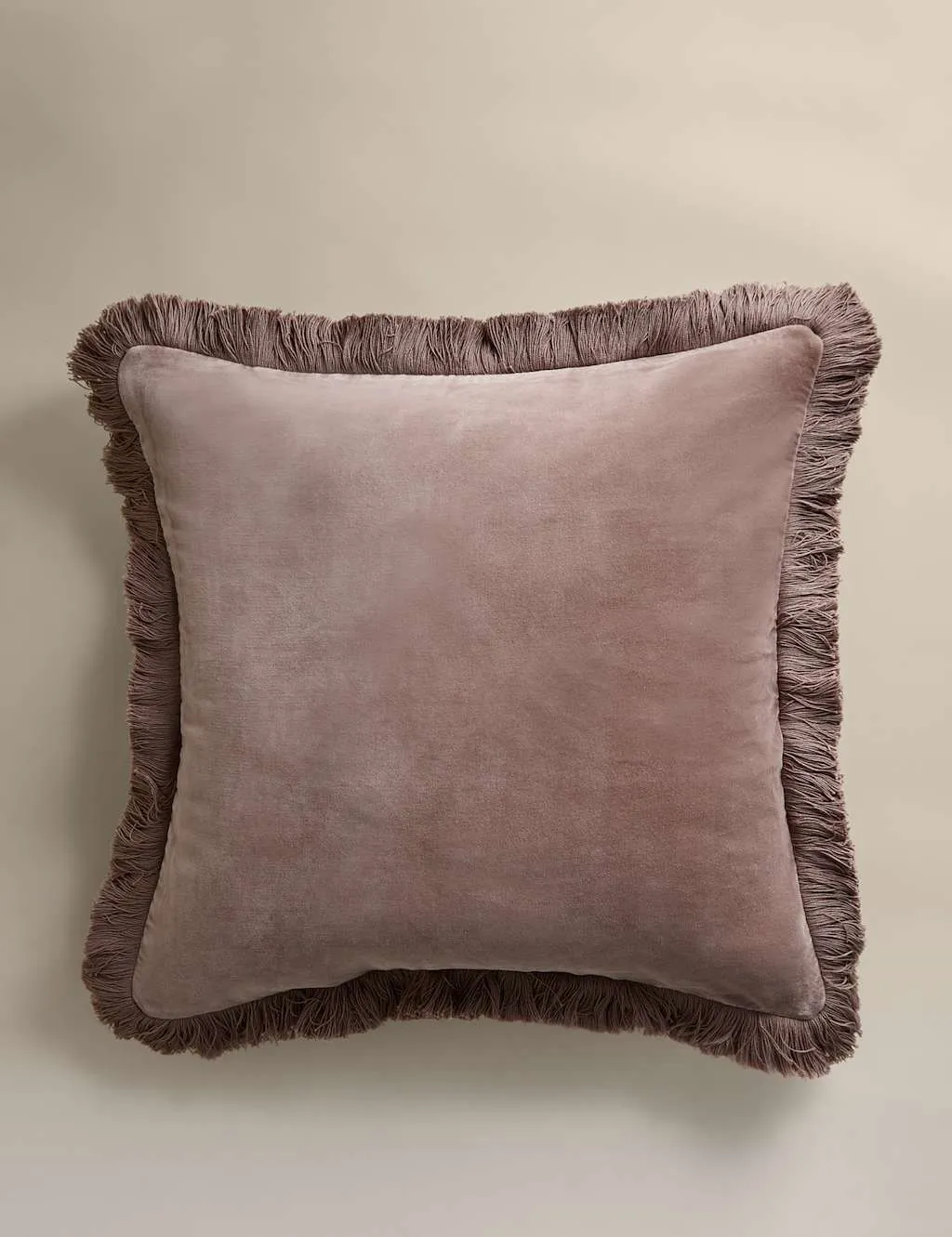 M&S Pure Cotton Velvet Fringed Cushion Putty