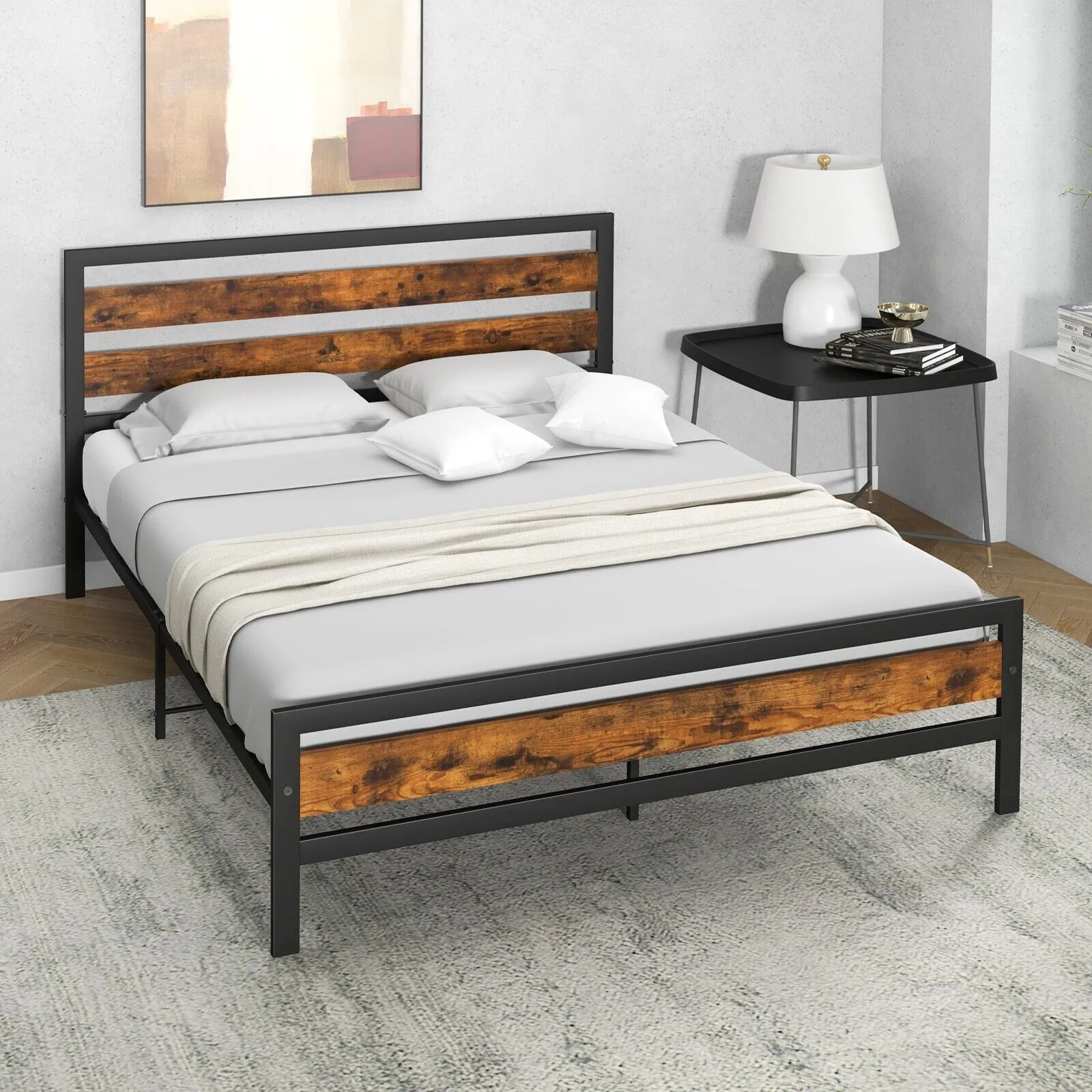 Costway Metal Bed Frame King Size Industrial Platform Bed with Headboard & Footboard 3
