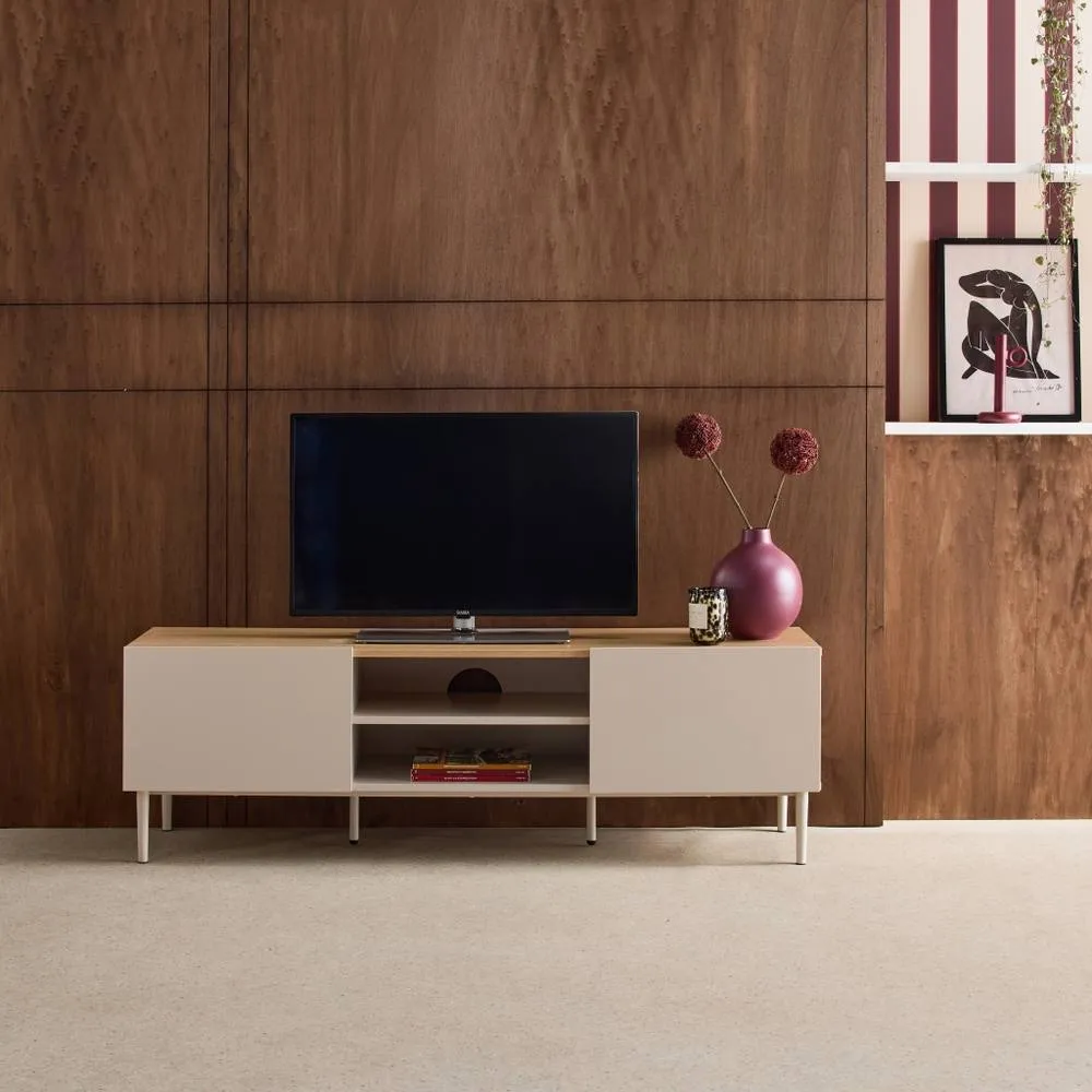 sweeek TV stand metal with wood decor 2 doors 140 cm in Beige 1