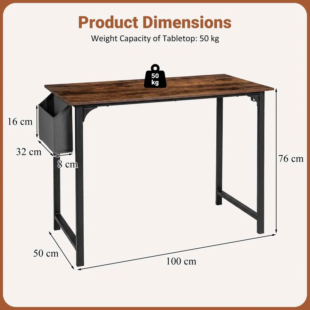 Costway 100CM Computer Desk Industrial Study Writing Desk with Storage Bag in Brown 6