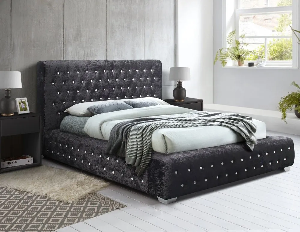 Grande Black Crushed Velvet Fabric Bed Frame - 6ft Super King Size