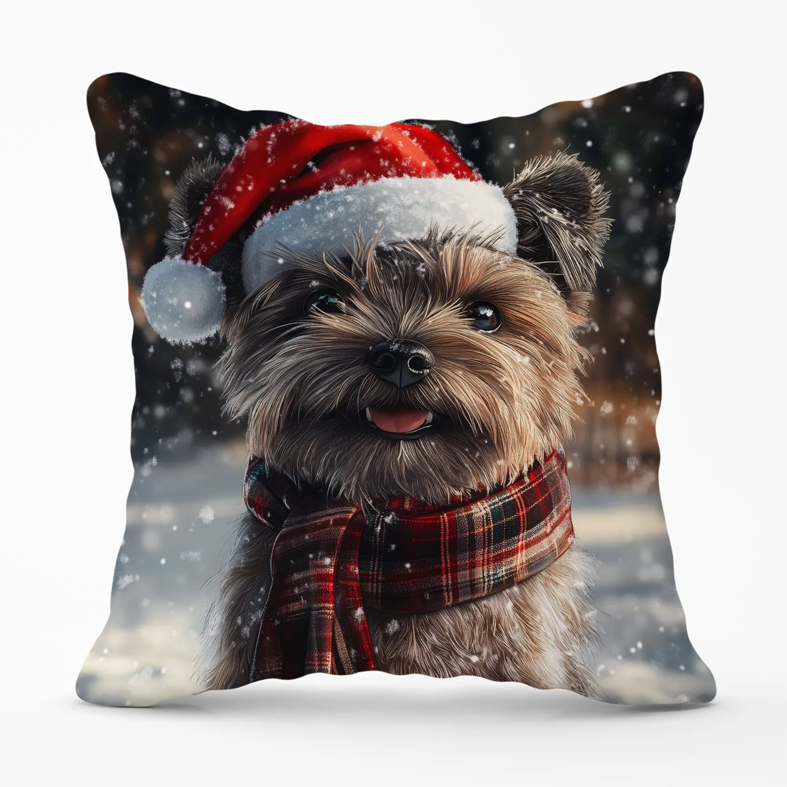 Warren Reed - Designer Snowy Christmas Cairn Terrier Cushion in Brown