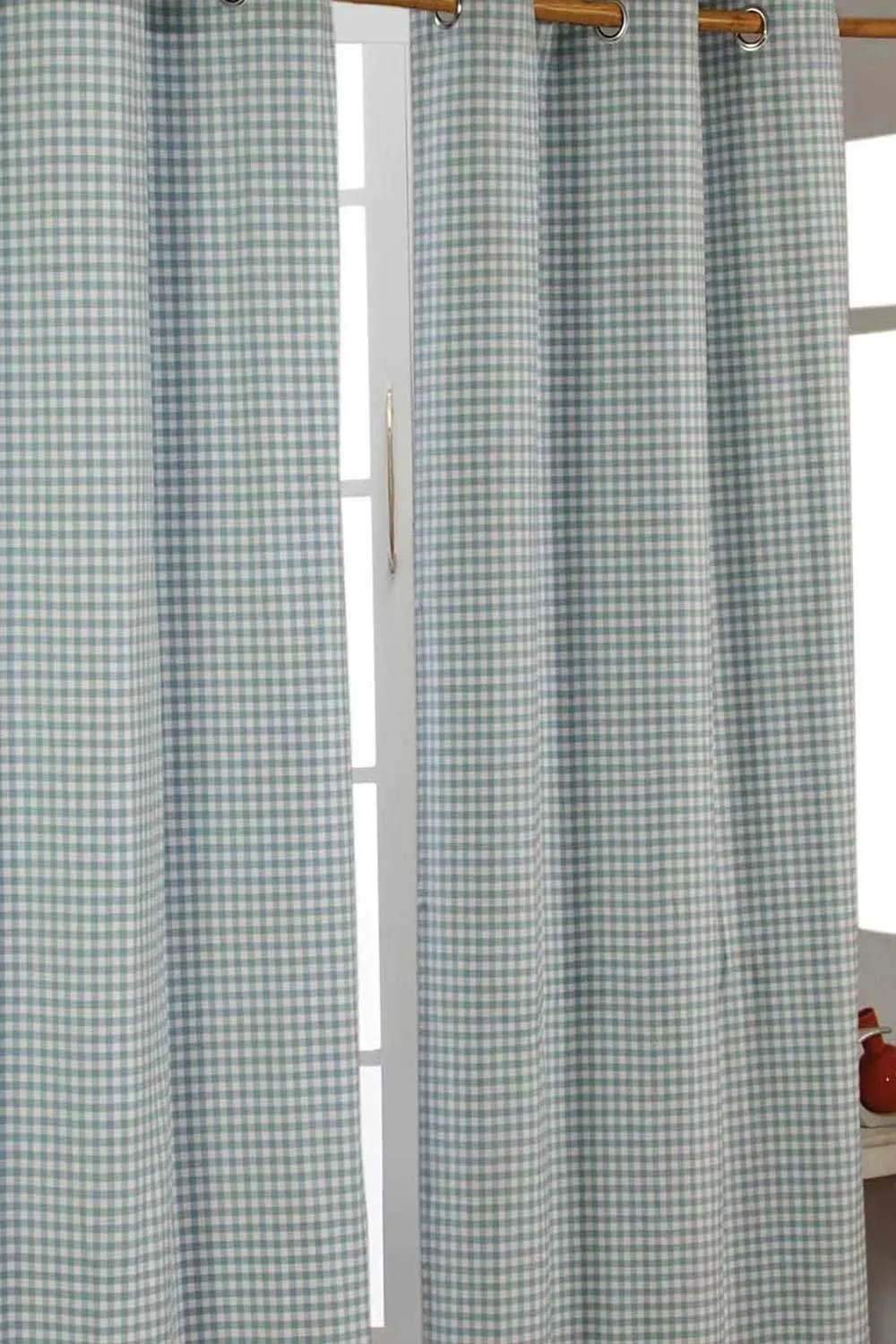 Homescapes Cotton Gingham Eyelet Curtain Pair in Blue 1