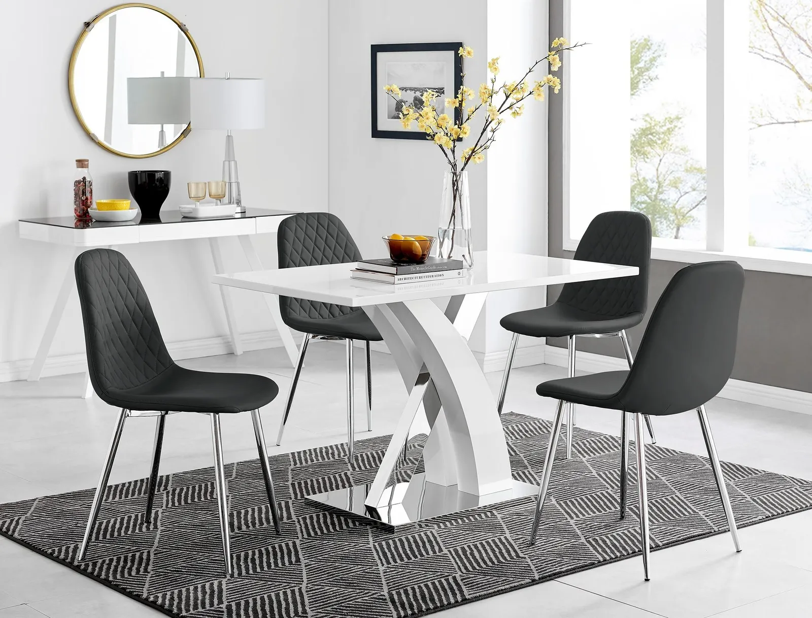 FurnitureboxUK Atlanta White High Gloss & Chrome 4 Seater Dining Table with X Shaped Legs & 4 Faux Leather Corona Chairs in Black 1