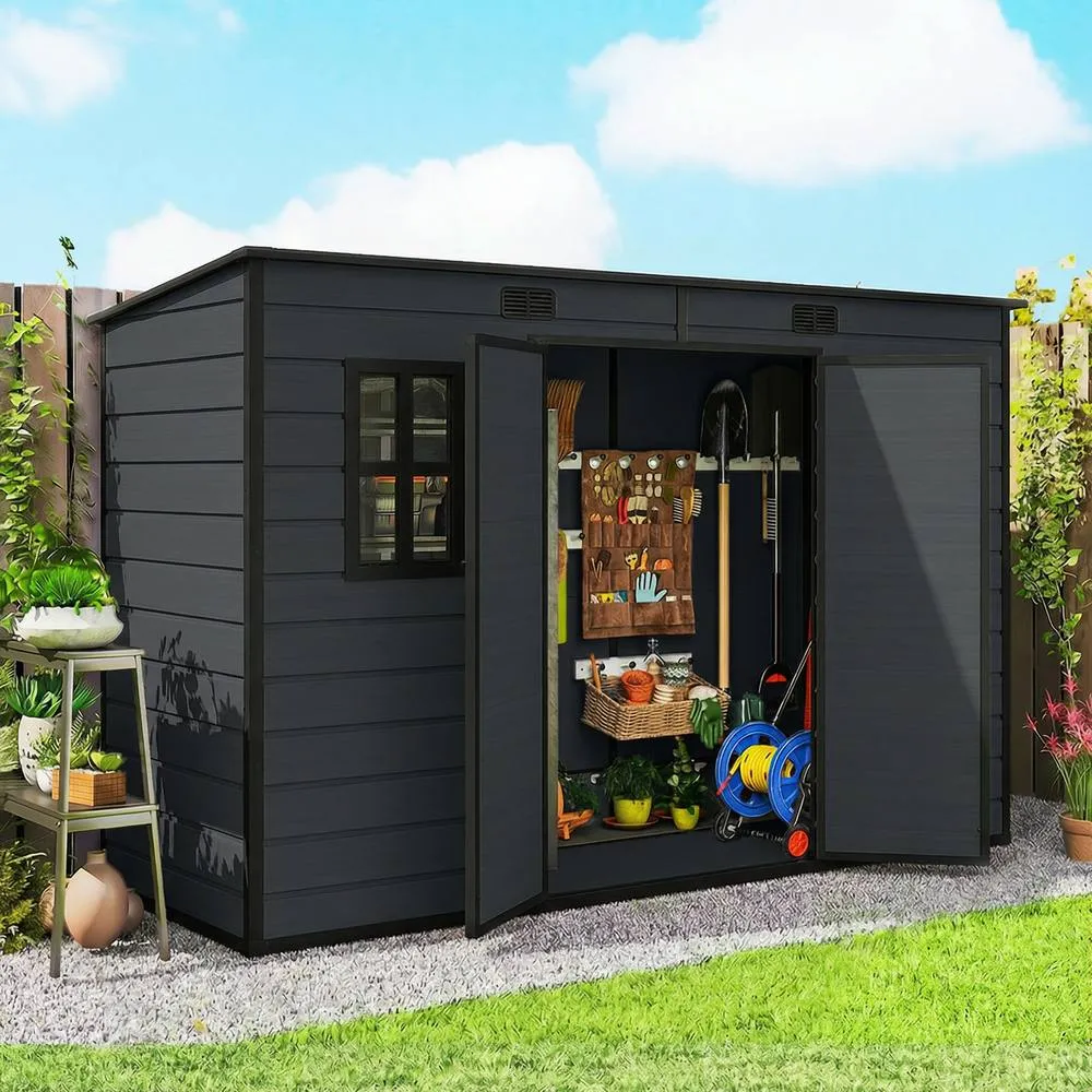OUTSUNNY 10 x 4 ft Plastic Garden Shed with Floor, Lockable Doors Dark Grey
