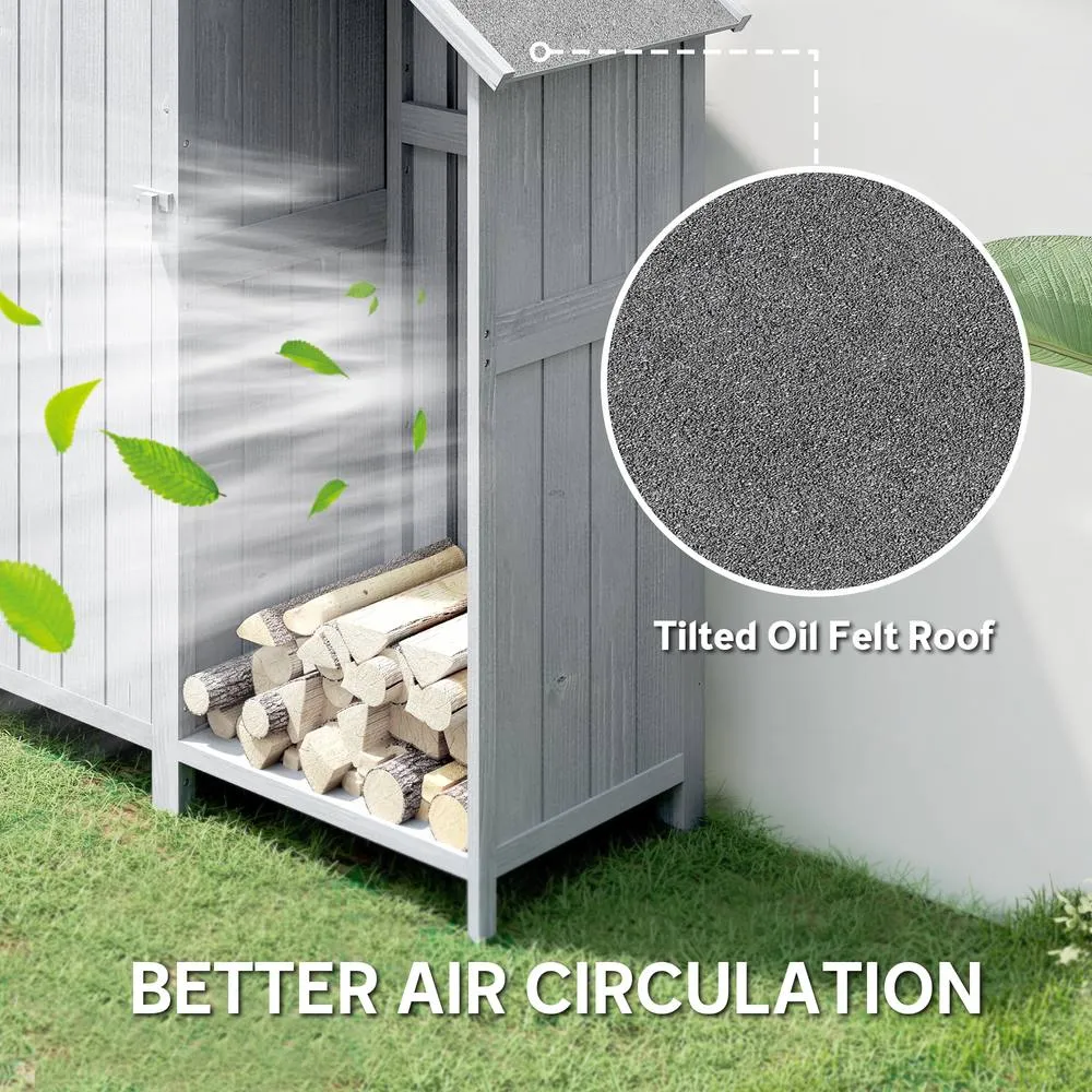 OUTSUNNY Fir Garden Storage Shed With Shelves Log Rack, For Garden Tools in Grey 6