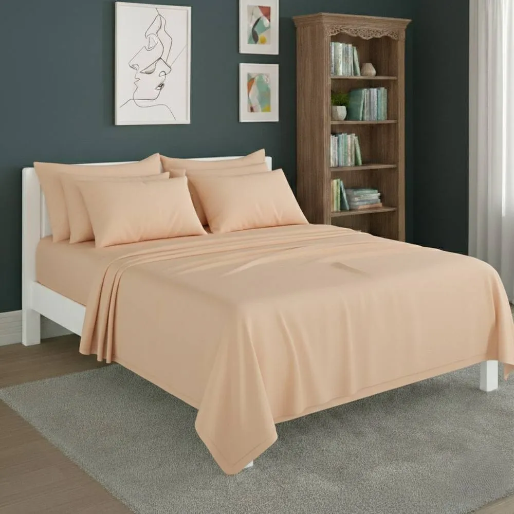 Snug City Plain Poly Cotton Easy Care Fitted Flat Sheet Matching Pillowcases Set in Peach