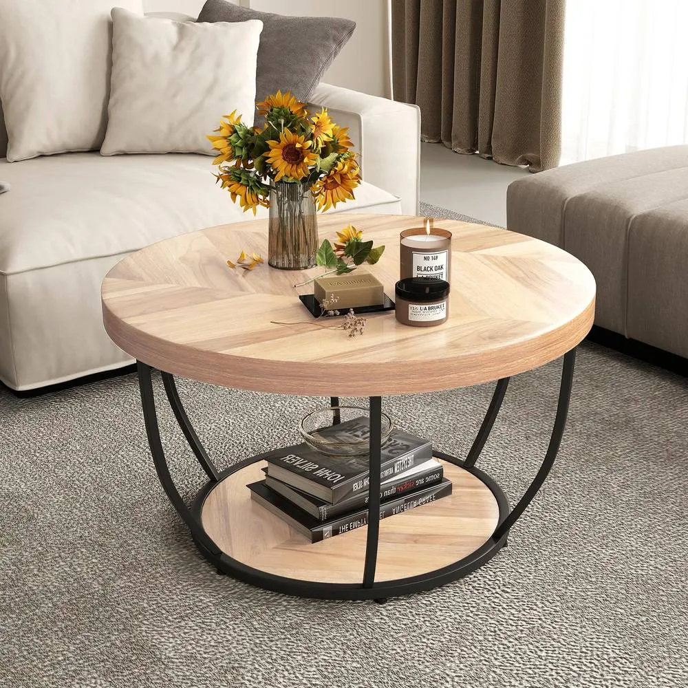 Costway 2-Tier Round Coffee Table with Heavy-duty Metal Frame in Natural 4