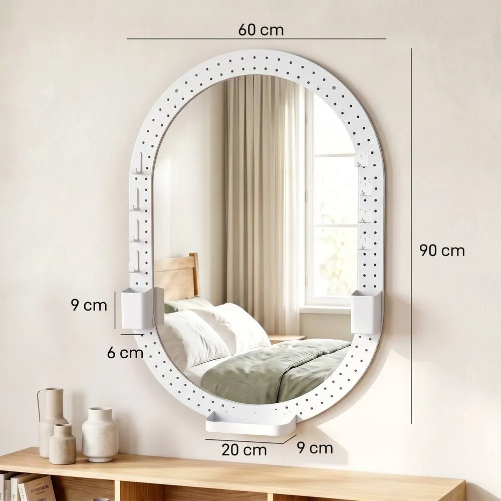HOMCOM Oval Wall Mirror, 60 x 90 cm, Pegboard Frame, Wall-Mounted in White 3