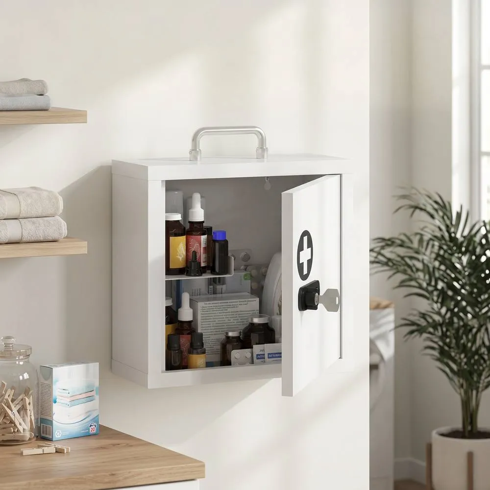 HOMCOM Medicine Cabinet, Medical Cabinet w/ Combination & Key Lock, White