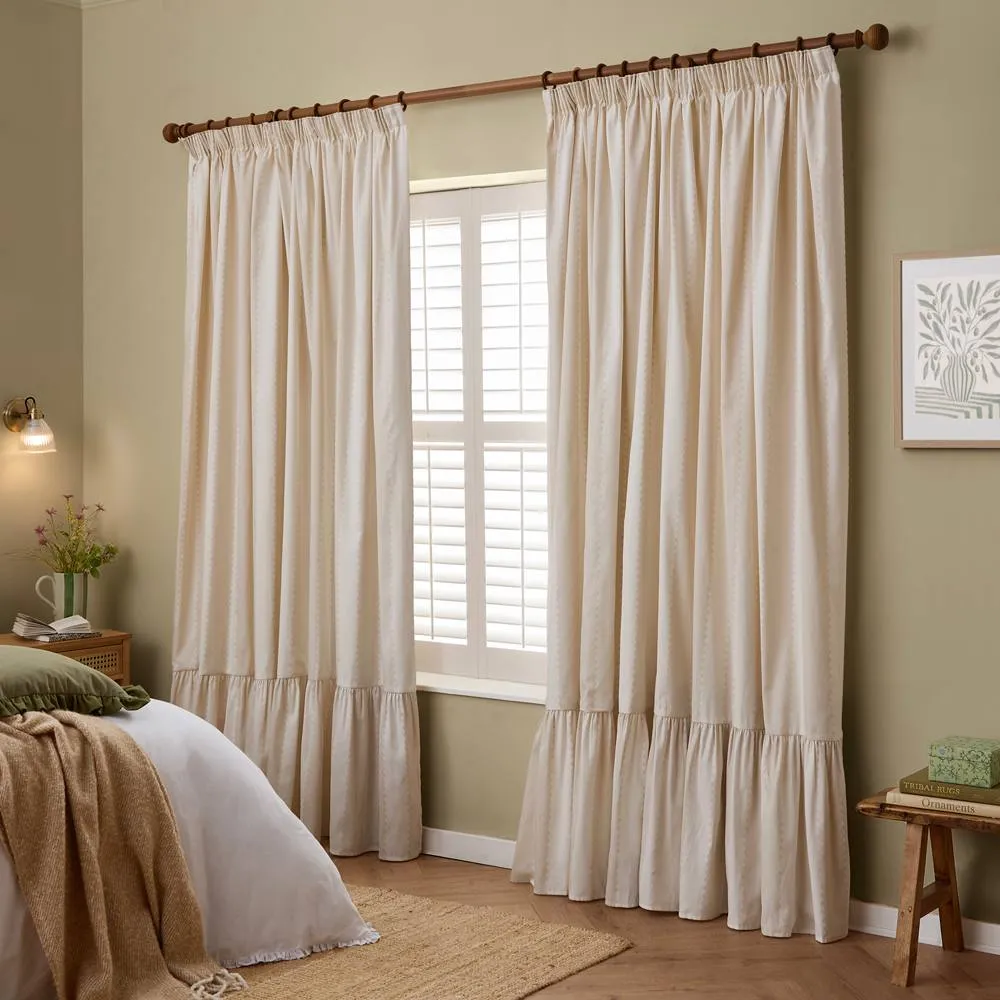 Wylder Birdie Stripe Fully Lined Ruffle Pencil Pleat Curtain Pair in Natural 2