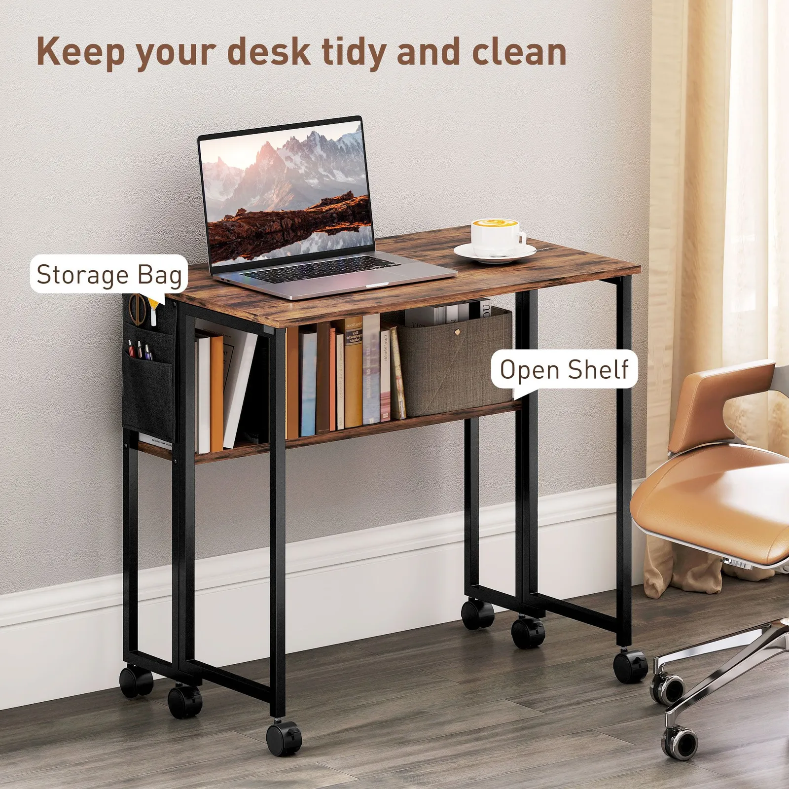 HOMCOM 80 cm Foldable Computer Desk on Wheels for Small Spaces Rustic Brown in Dark Brown 6