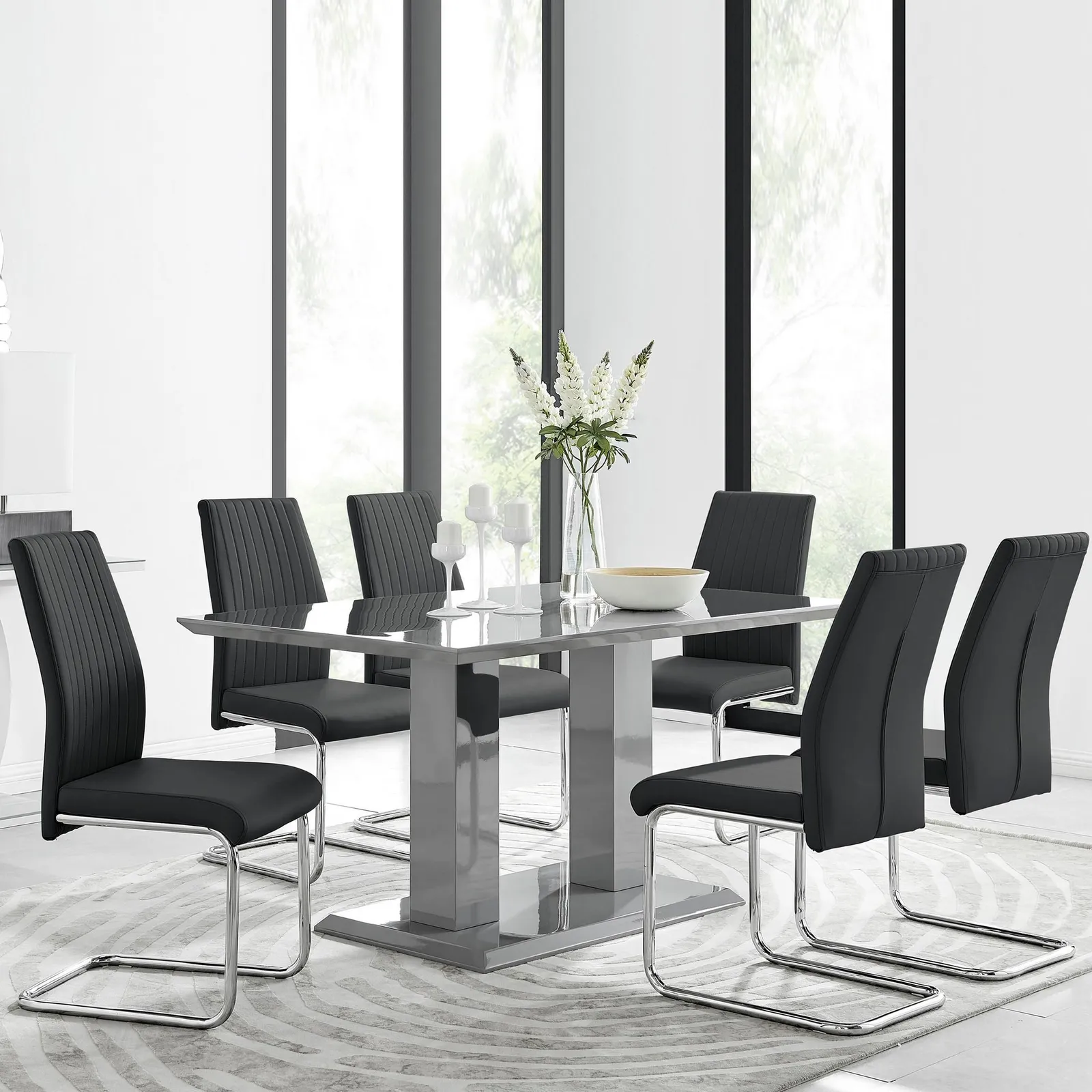 FurnitureboxUK Imperia Grey Modern High Gloss Dining Table & 6 Lorenzo Dining Chairs Set in Black
