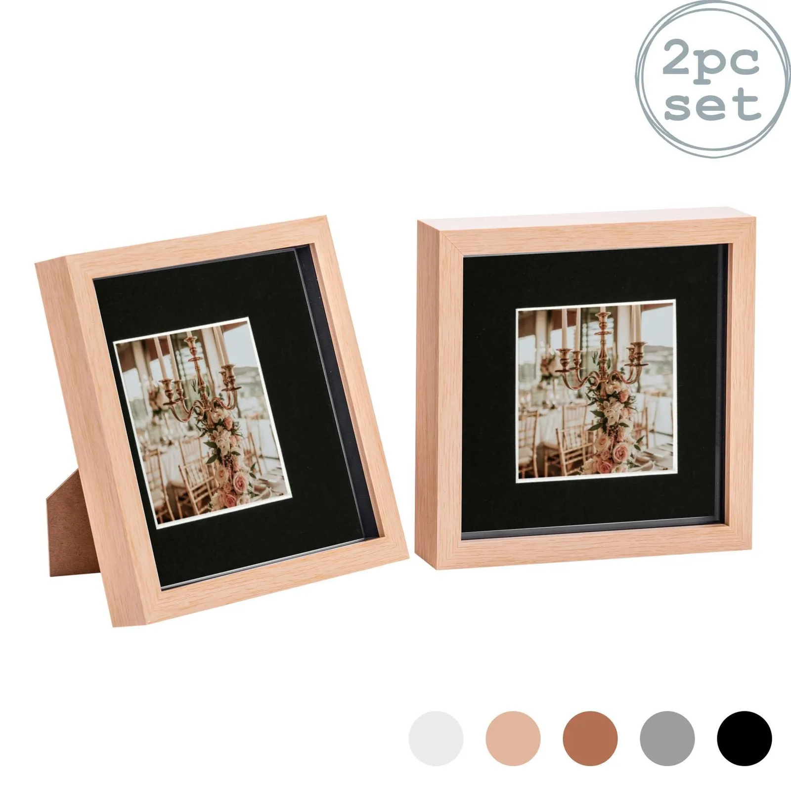 Nicola Spring 3D Box Photo Frames - 8 x 8" with 4 x 4" Mount - Grey Mount - Pack of 2 in Light Brown