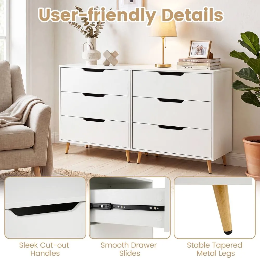 Costway Modern 3-Drawer Dresser Wooden Nightstand Tall Chest of Drawers in White 3