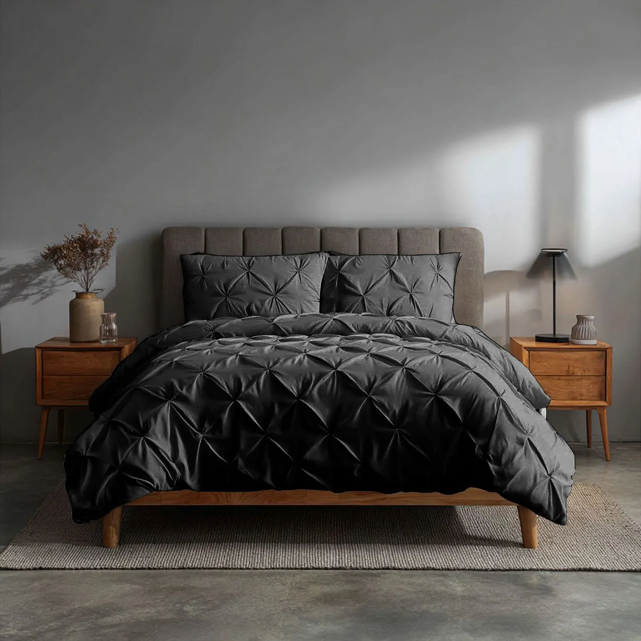Snug City Pintuck Pinch Pleated Polycotton Duvet Cover & Pillowcase/s Set Bed Linen in Black