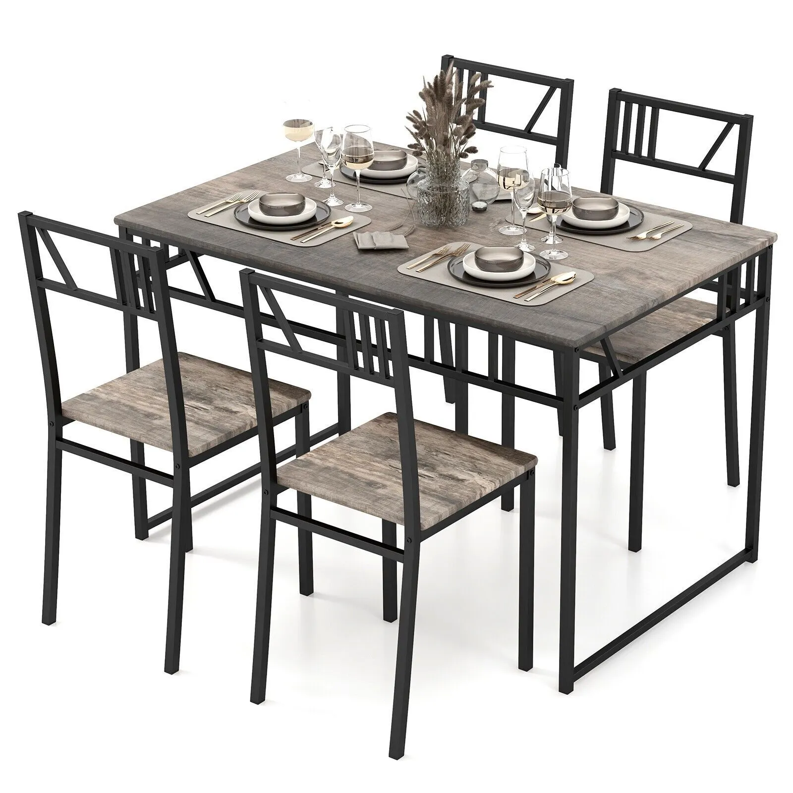 Costway Industrial 5 Piece Dining Table Set Kitchen Table & 4 Chairs Rectangular Table in Grey