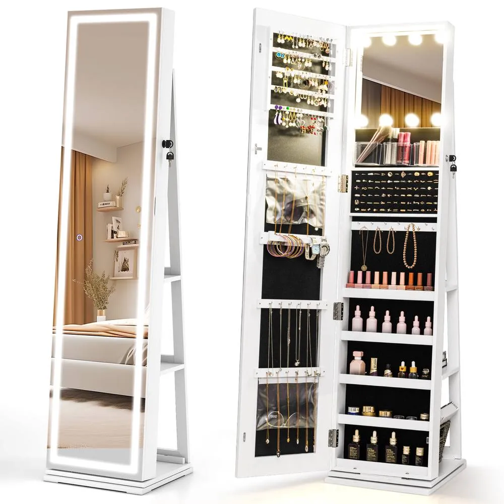 Costway 360° Swivel Jewelry Cabinet Freestanding Jewelry Storage Organizer in White 3