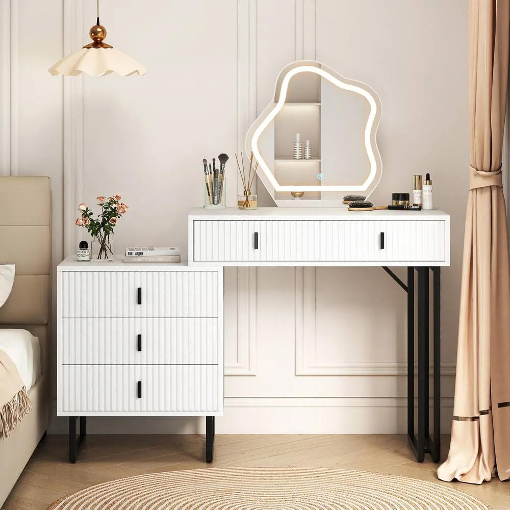 Costway Modern Dressing Table w/Mirror & Lights in White 4