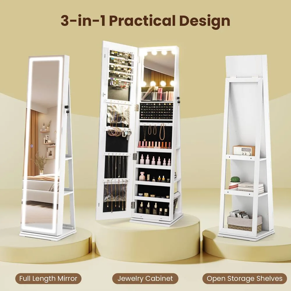 Costway 360° Swivel Jewelry Cabinet Freestanding Jewelry Storage Organizer in White 5