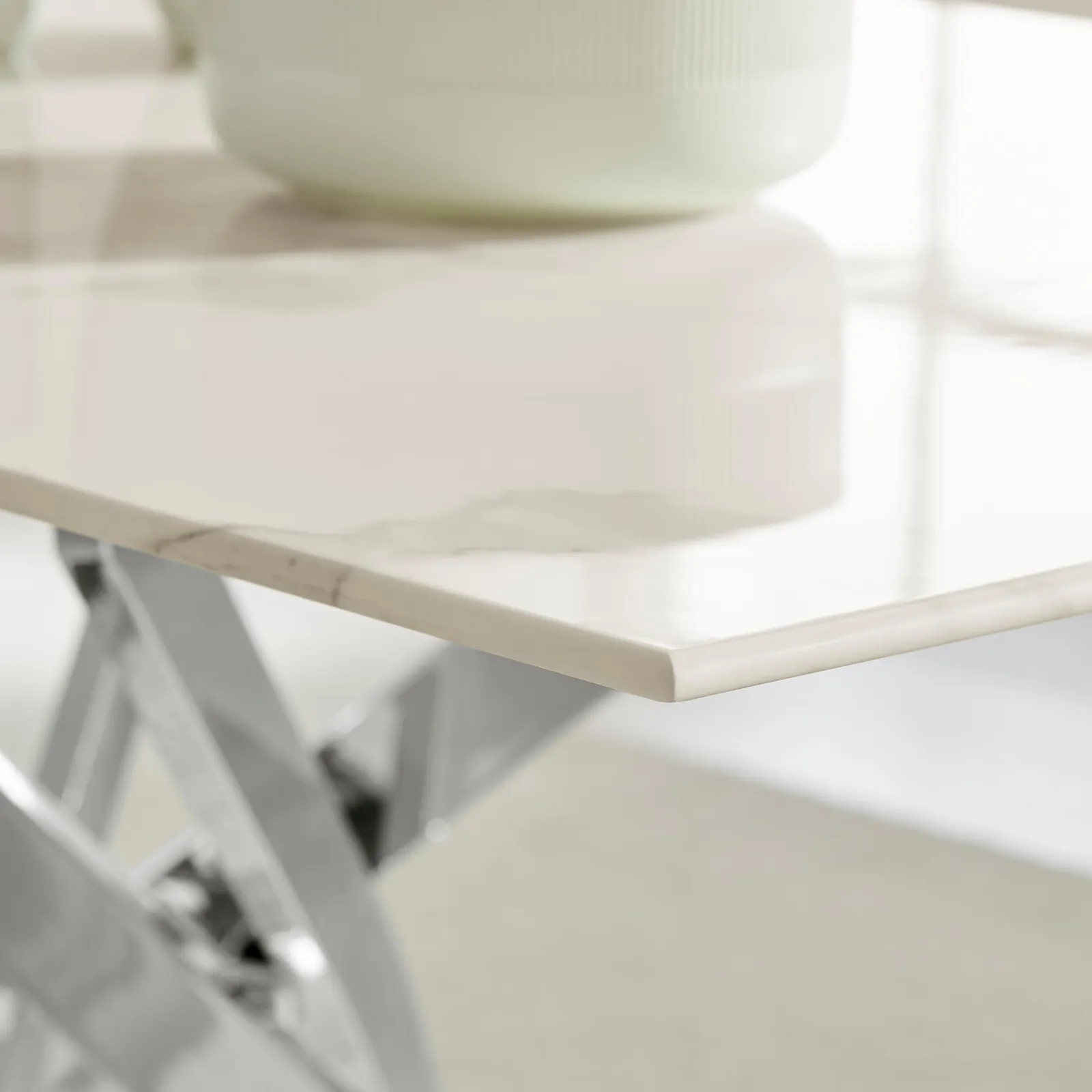 FurnitureboxUK Leonardo 6-Seater Dining Table With Marble Effect Glass Top & Silver Metal Legs in White 4