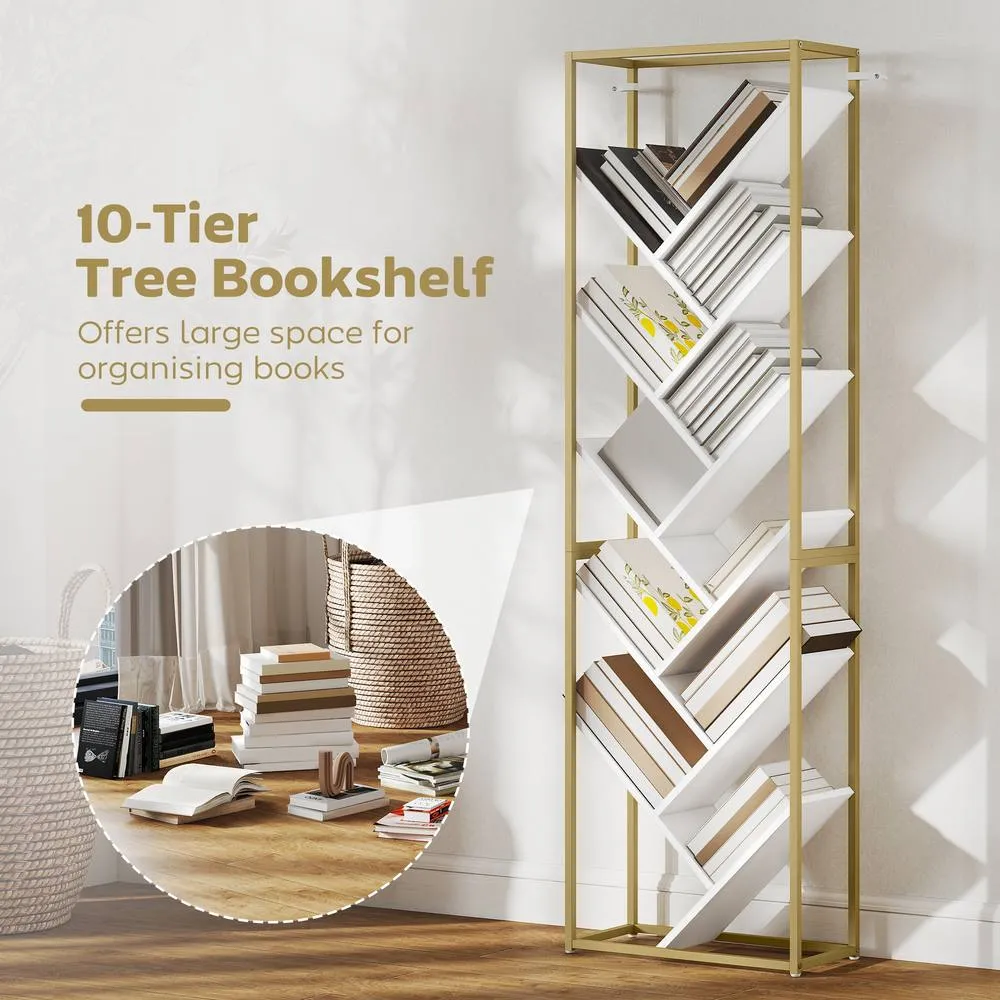 HOMCOM 10 Tier Tree Bookshelf Industrial Tall Bookcase in White 4
