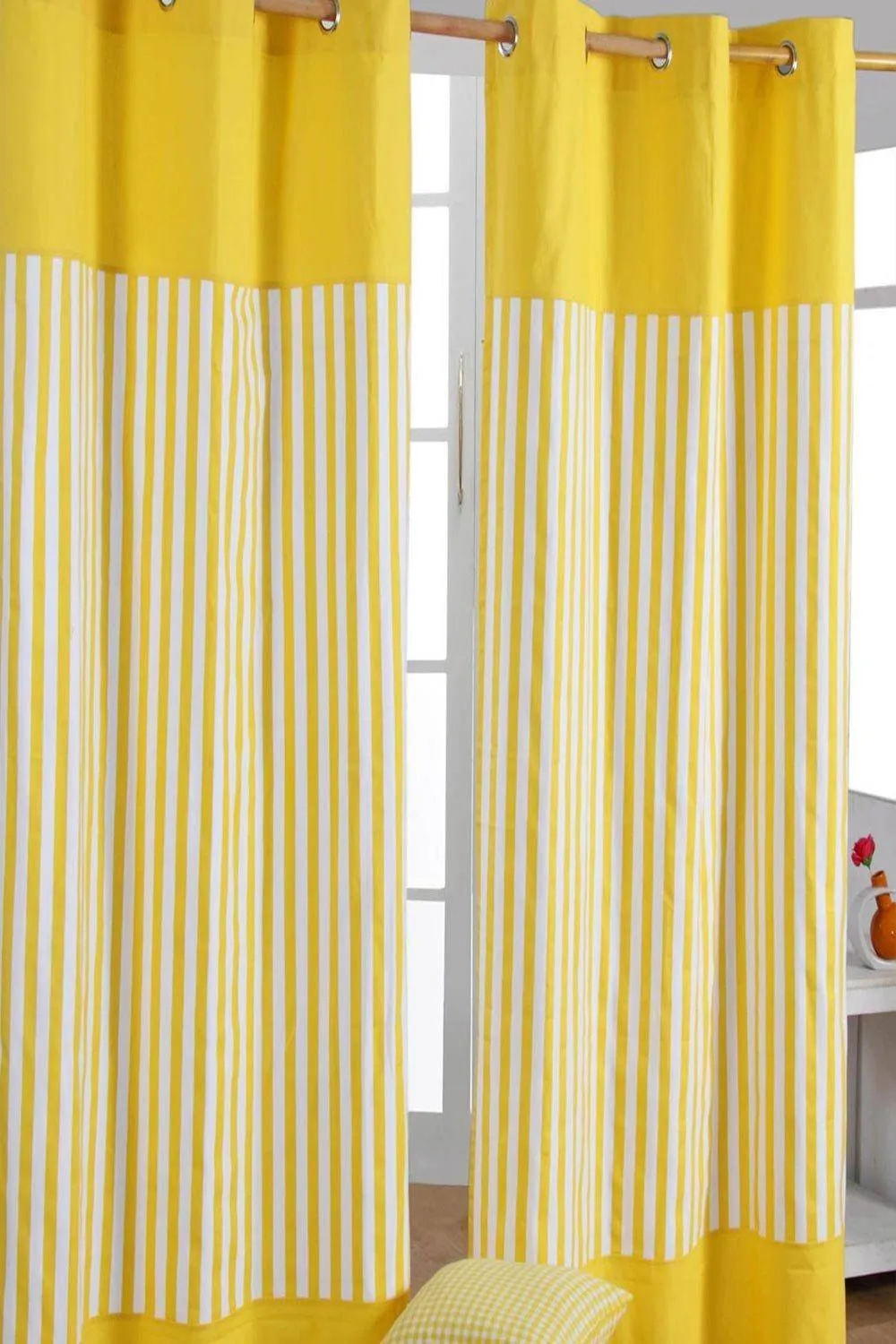 Homescapes Thick Yellow Stripe Ready Made Eyelet Curtain Pair