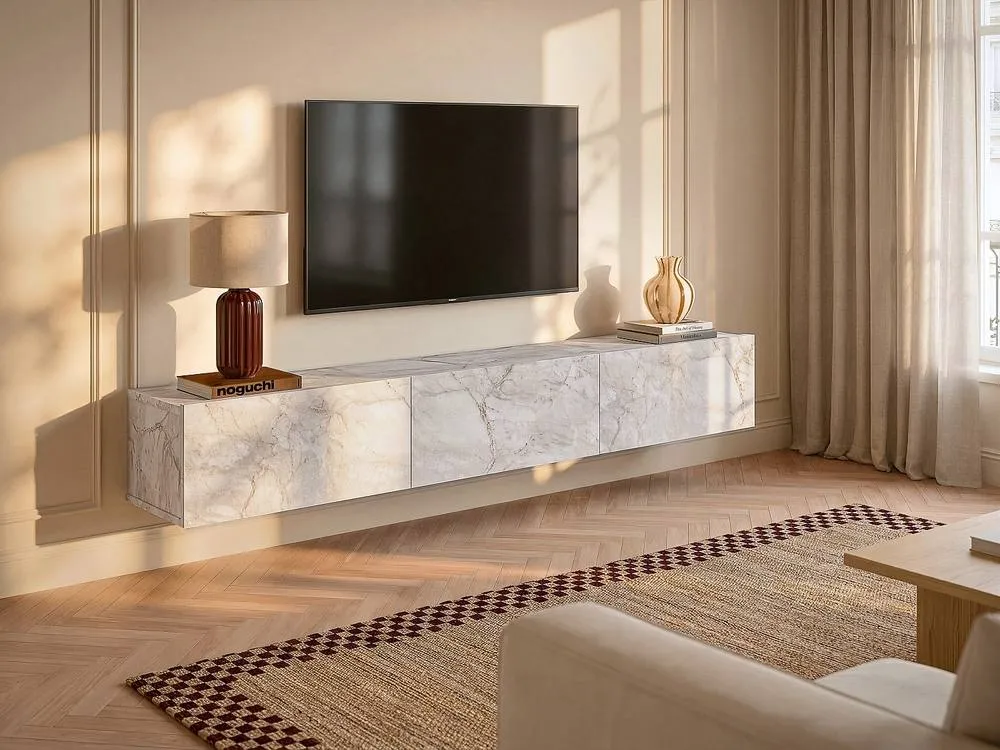 Vente-unique Wall - Mounted TV Unit With 3 Doors - White Marble Effect - VIKILA 3