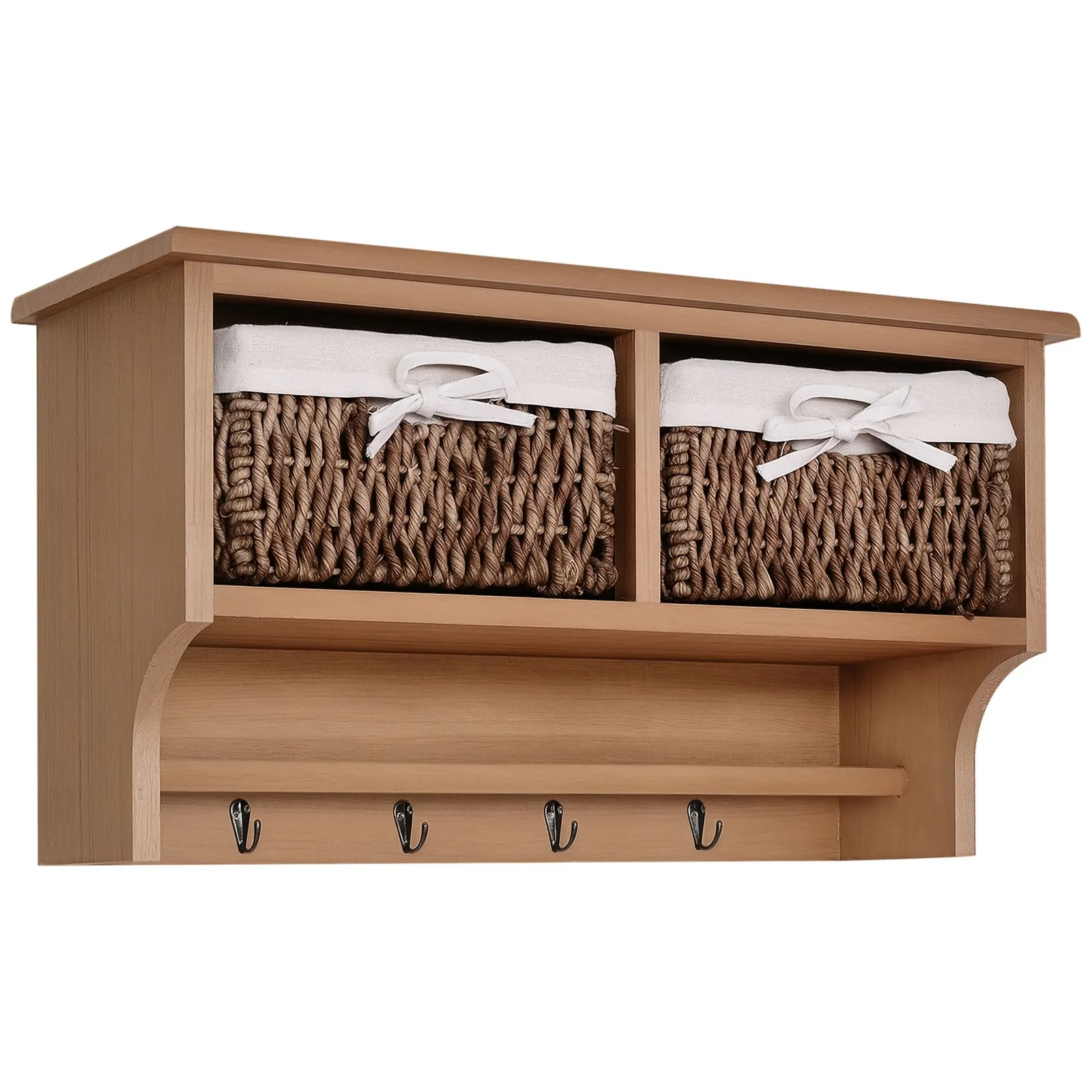 HOMCOM Wall Mounted Coat Hook Storage Unit Baskets Organiser Shelf Holder in Brown 2