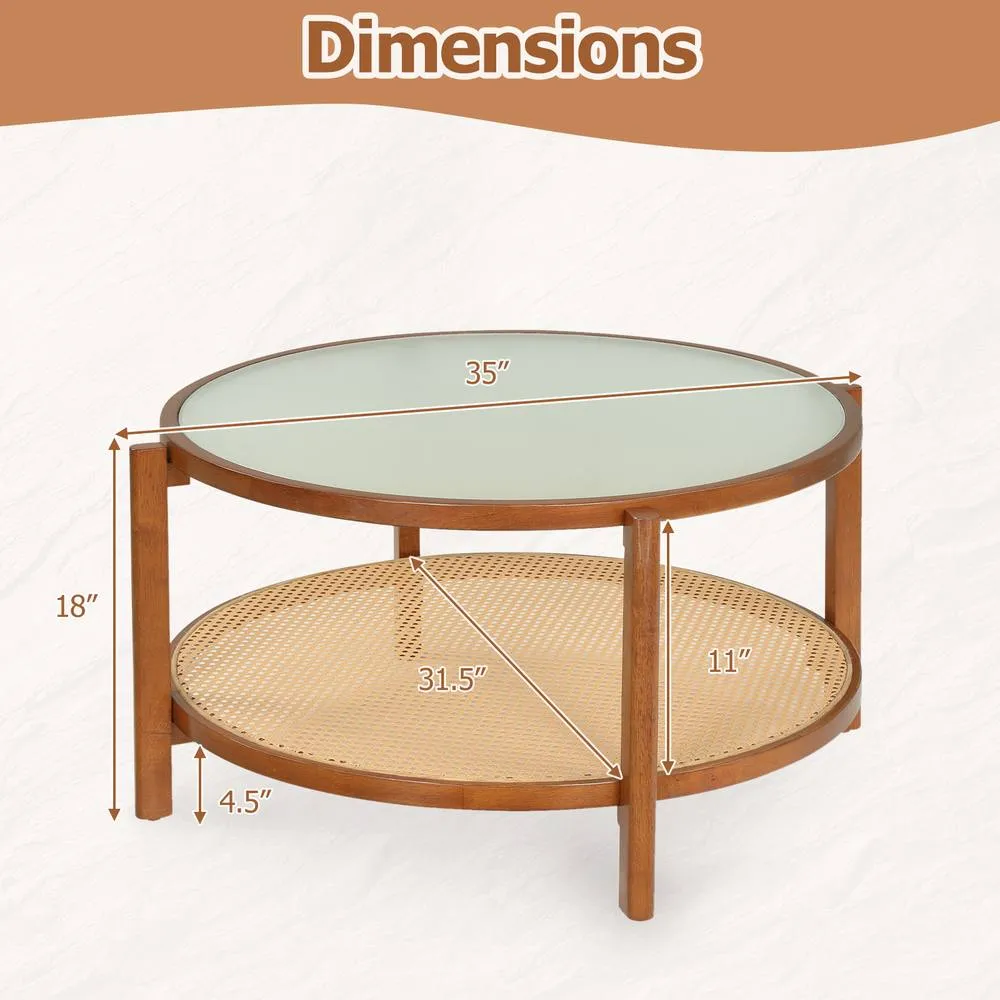 Costway Rattan Round Coffee Table 2-Tier Table w/ Frosted Glass Top in Brown 2
