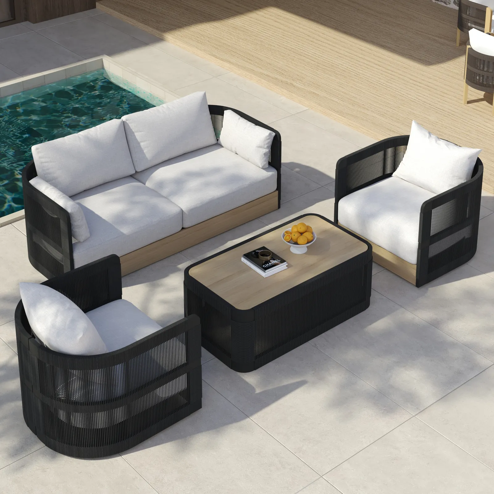 Costra 4 PCS Modern Aluminium & Rope Outdoor Swivel Sofa Set with Coffee Table in Black for 4 People, Modern Wood Outdoor & Yard Rope Sofa Set