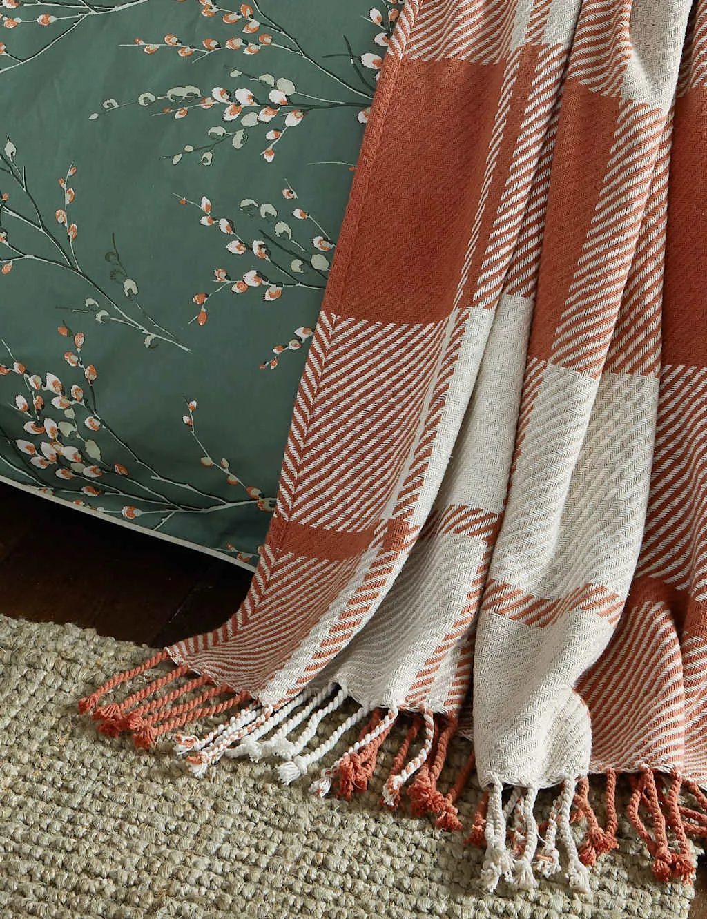 Laura Ashley Pure Cotton Dylan Checked Throw Orange Mix