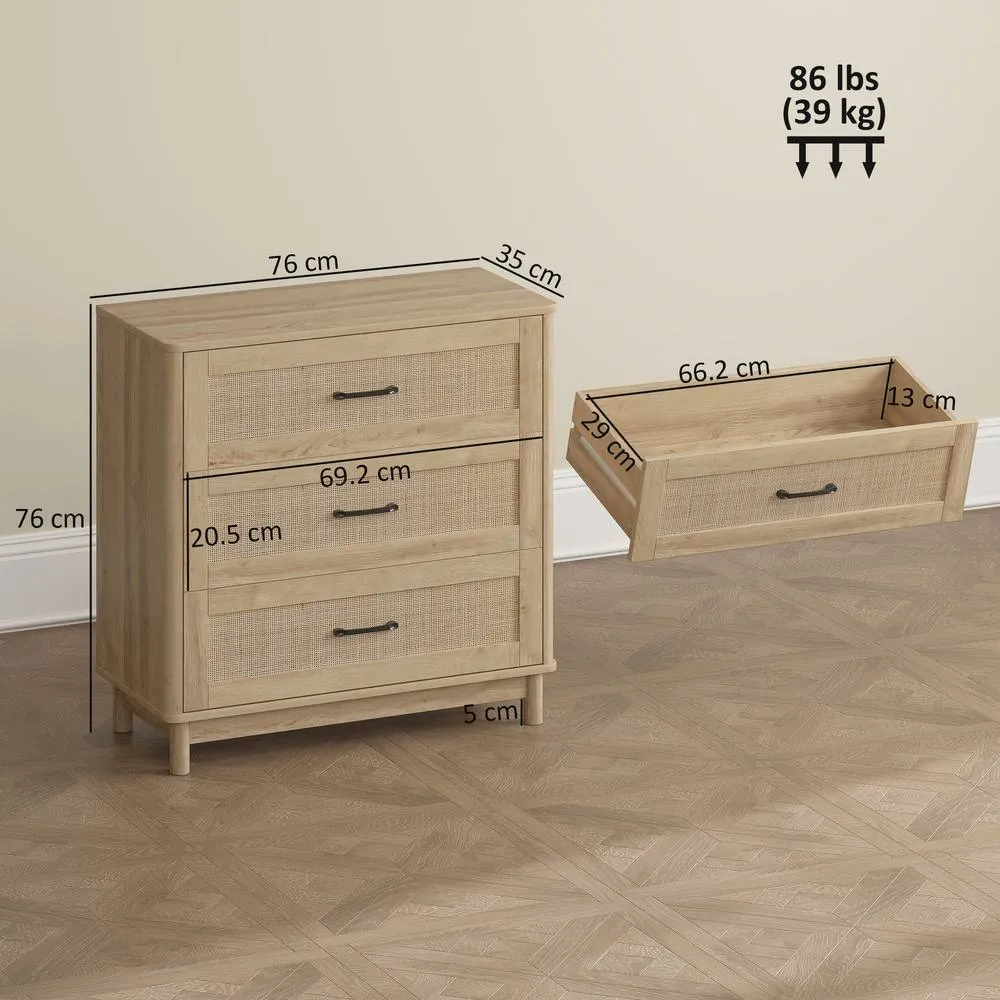 HOMCOM 3 Drawer Chest of Drawers, Wide Storage Unit for Living Room, Oak in Natural 3