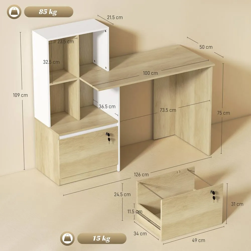 HOMCOM Computer Desk with Lockable File Drawers, Oak Wood Effect in Natural 3