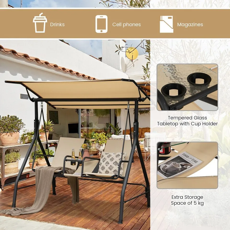 Costway 2 Person Outdoor Patio Swing Patio Loveseat Swing with Adjustable Canopy in Beige 6