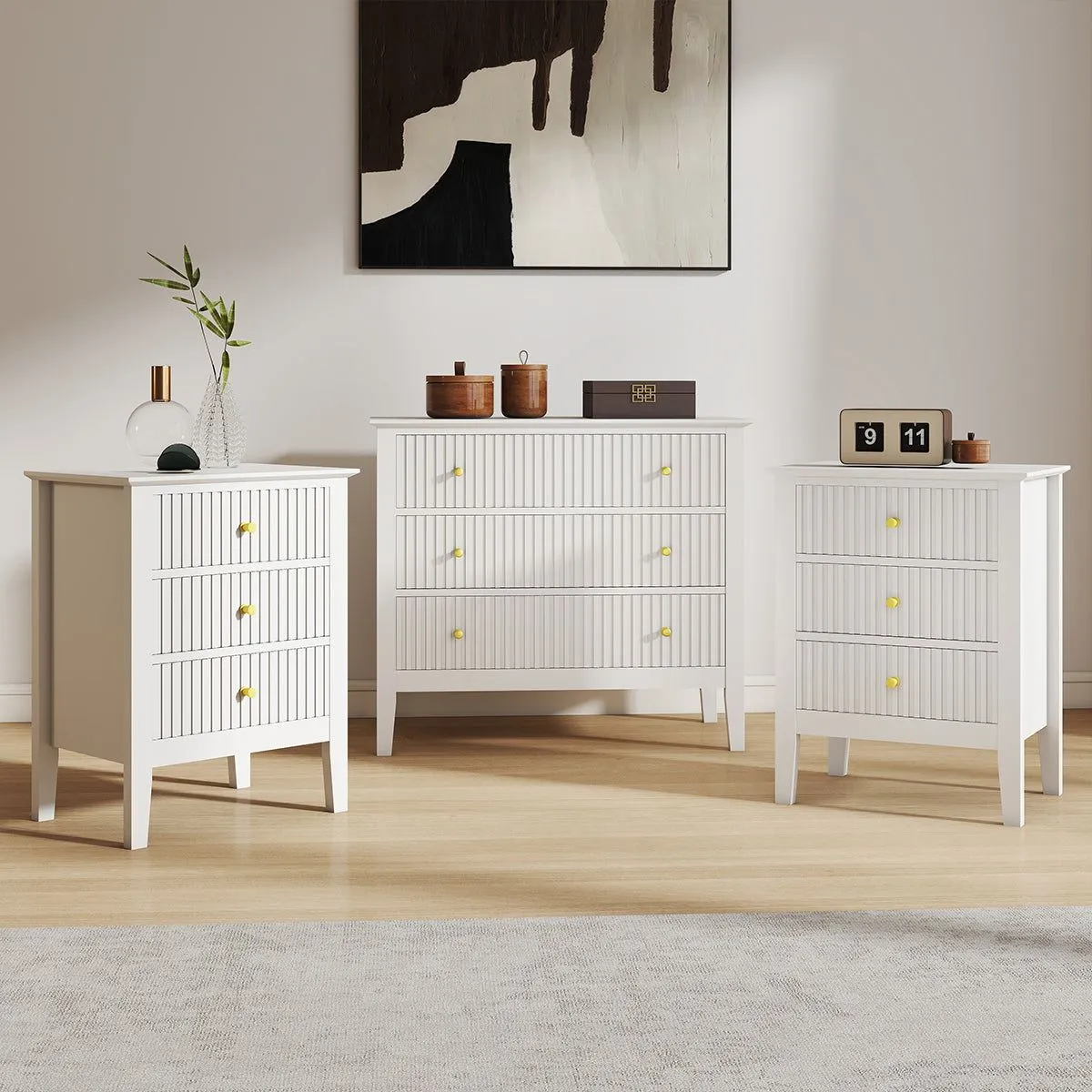 Melody Maison 3 Drawer Chest Of Drawers & Pair Of Bedside Tables - Hales White Range
