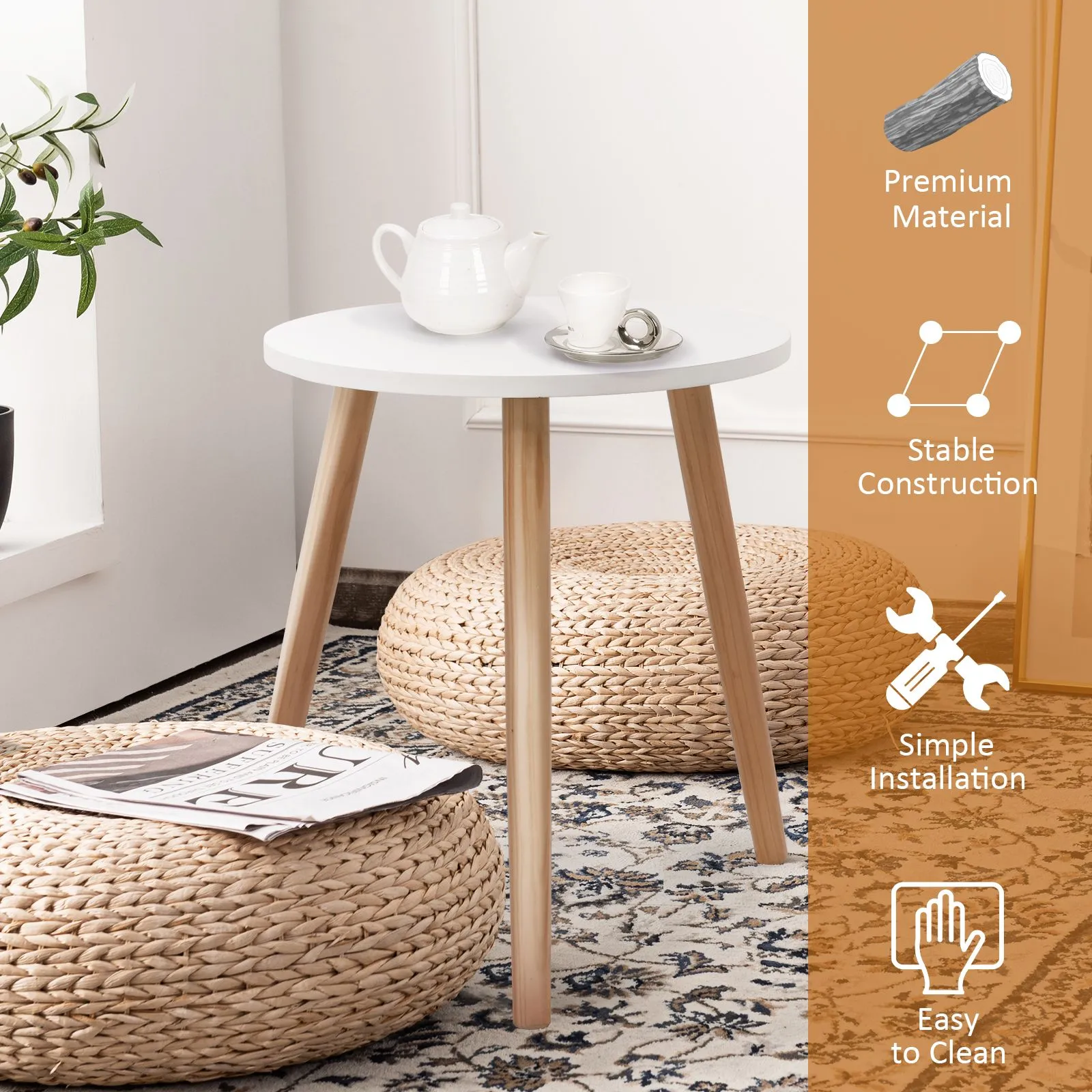 Costway Round Compact Coffee End Table Small Side Desk w/ Natural Wood Legs Modern Style in White 3