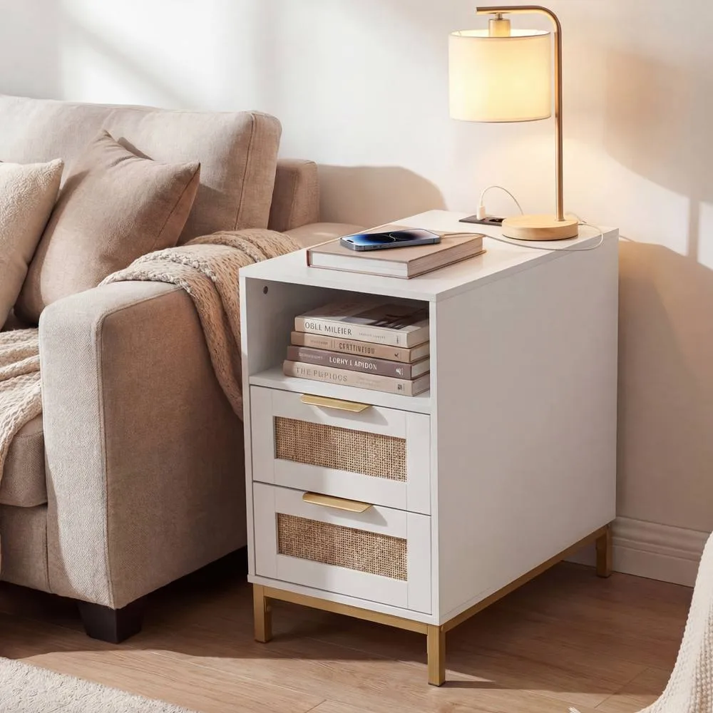Costway Narrow End Table with Charging Station in White 3