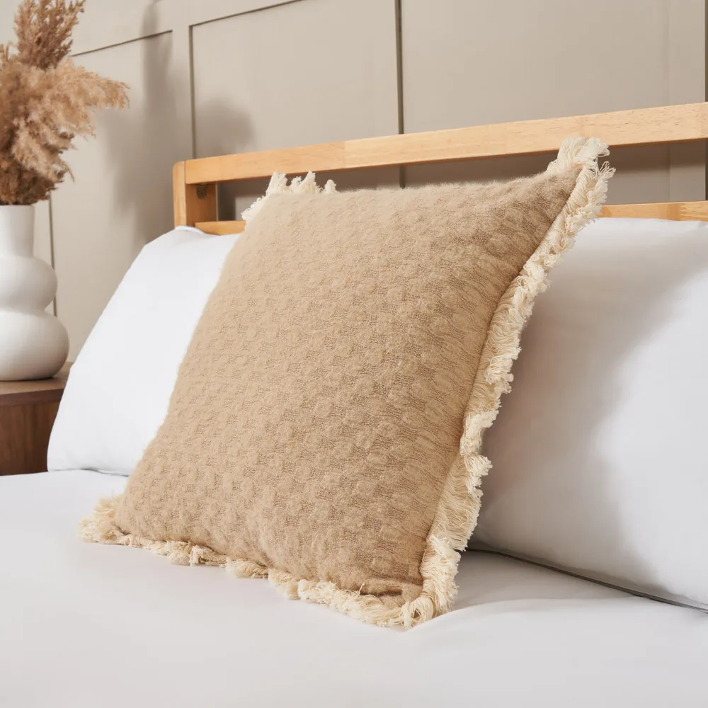 Small Checkerboard Cushion with Fringe, Natural